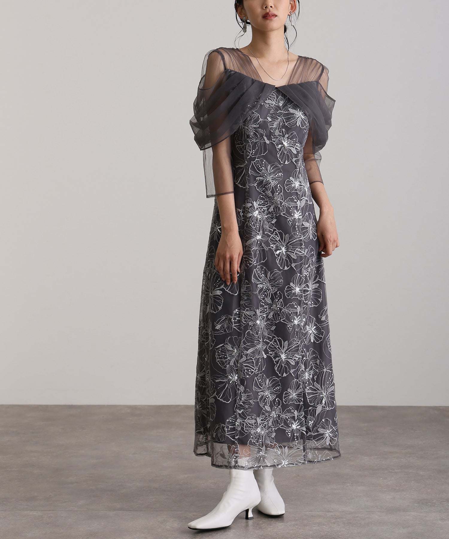 プールヴー PourVous 七分袖&ミモレ丈同窓会成人式オフショルダースパンコールAラインチュールお呼ばれ結婚式二次会フォーマルオケージョンドレスパーティードレス フォーマル ワンピース パーティードレス 20代 30代 40代 (チャコール) チャコール