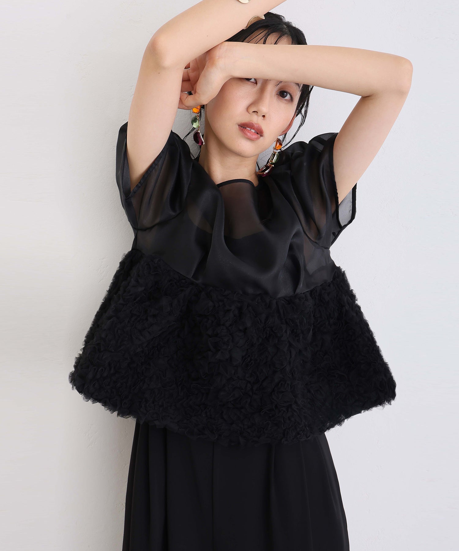 プールヴー PourVous セットアップパーティードレス結婚式二次会&ワイドパンツペプラム2点セットオーガンジーセレモニーフォーマルロング丈オケージョンドレス同窓会成人式 フォーマル ワンピース パーティードレス (ブラック) ブラック