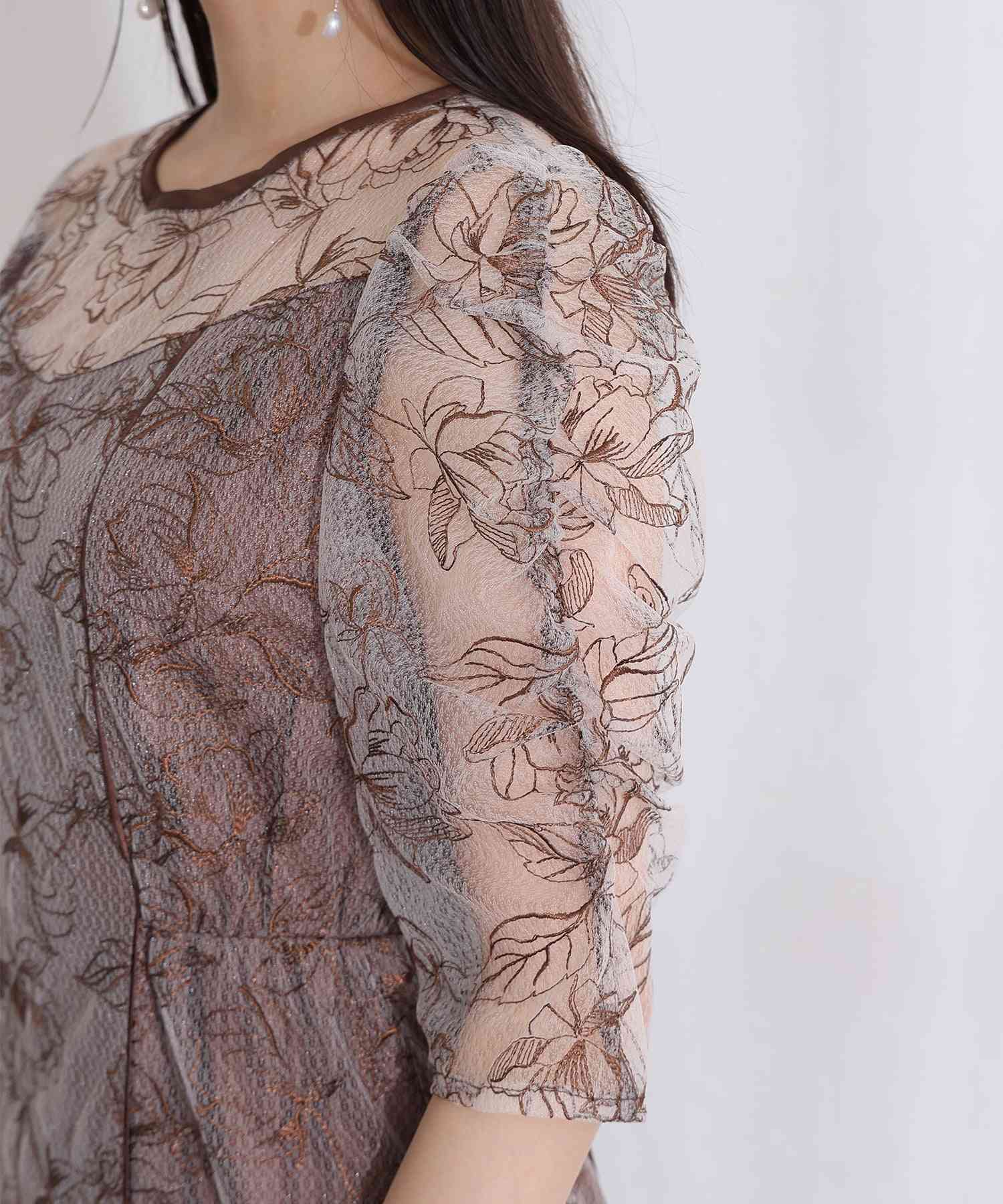 プールヴー PourVous ミモレ丈&七分袖フォーマルレイヤードチュールパフスリーブ透け感フレアセレモニー結婚式二次会パーティードレスオケージョンドレス同窓会成人式 フォーマル ワンピース パーティードレス (ブラック) ブラック