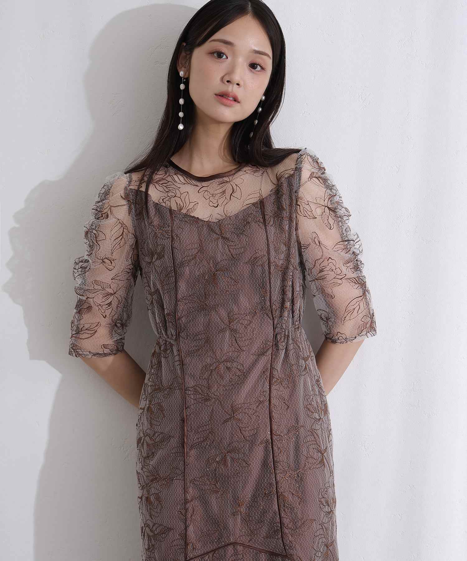 プールヴー PourVous ミモレ丈&七分袖フォーマルレイヤードチュールパフスリーブ透け感フレアセレモニー結婚式二次会パーティードレスオケージョンドレス同窓会成人式 フォーマル ワンピース パーティードレス (ブラウン) ブラウン