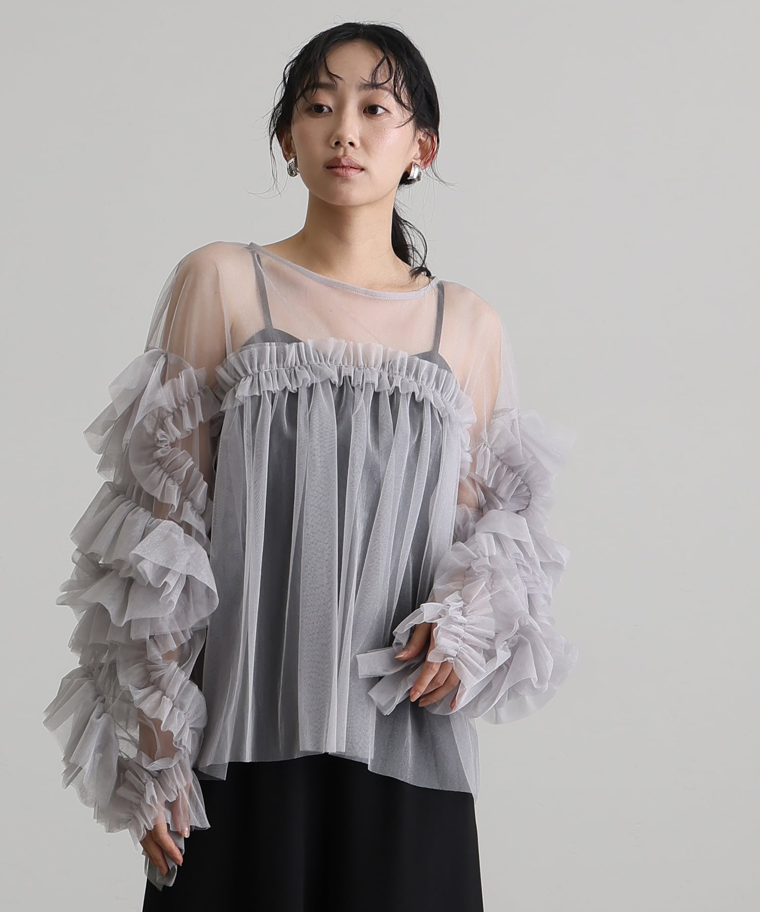 プールヴー PourVous ギャザーチュールトップス フォーマル ワンピース パーティードレス 20代 30代 40代 (シルバー) シルバー