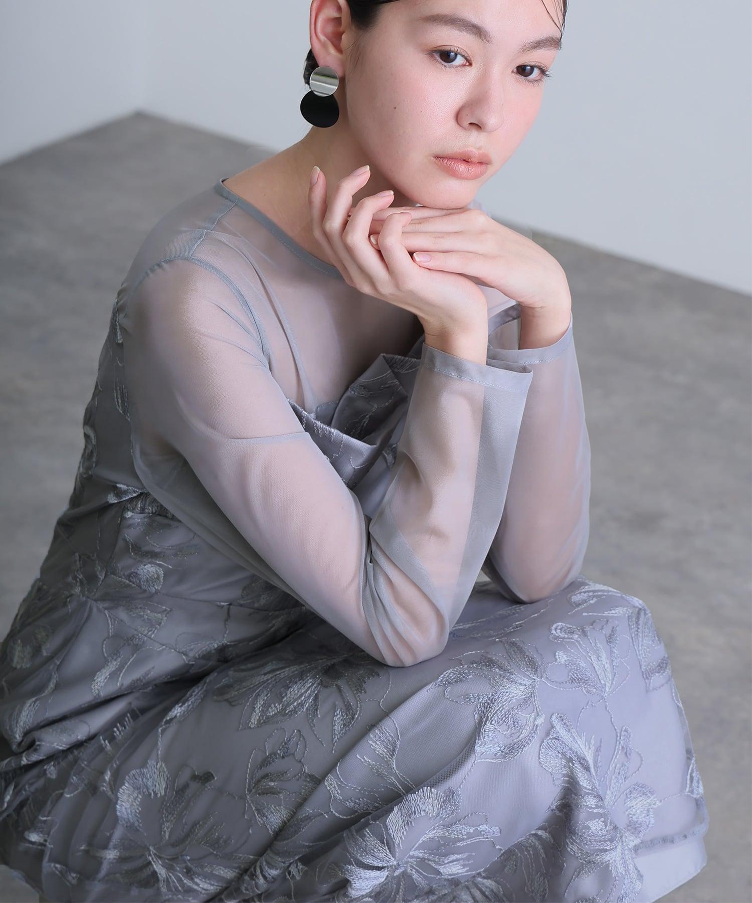 プールヴー PourVous フロントプリーツ フラワー刺繍 アシンメトリー パーティードレスお呼ばれミモレ丈&袖あり結婚式二次会フォーマルオケージョンドレス同窓会成人式 フォーマル ワンピース パーティードレス (グレー) グレー