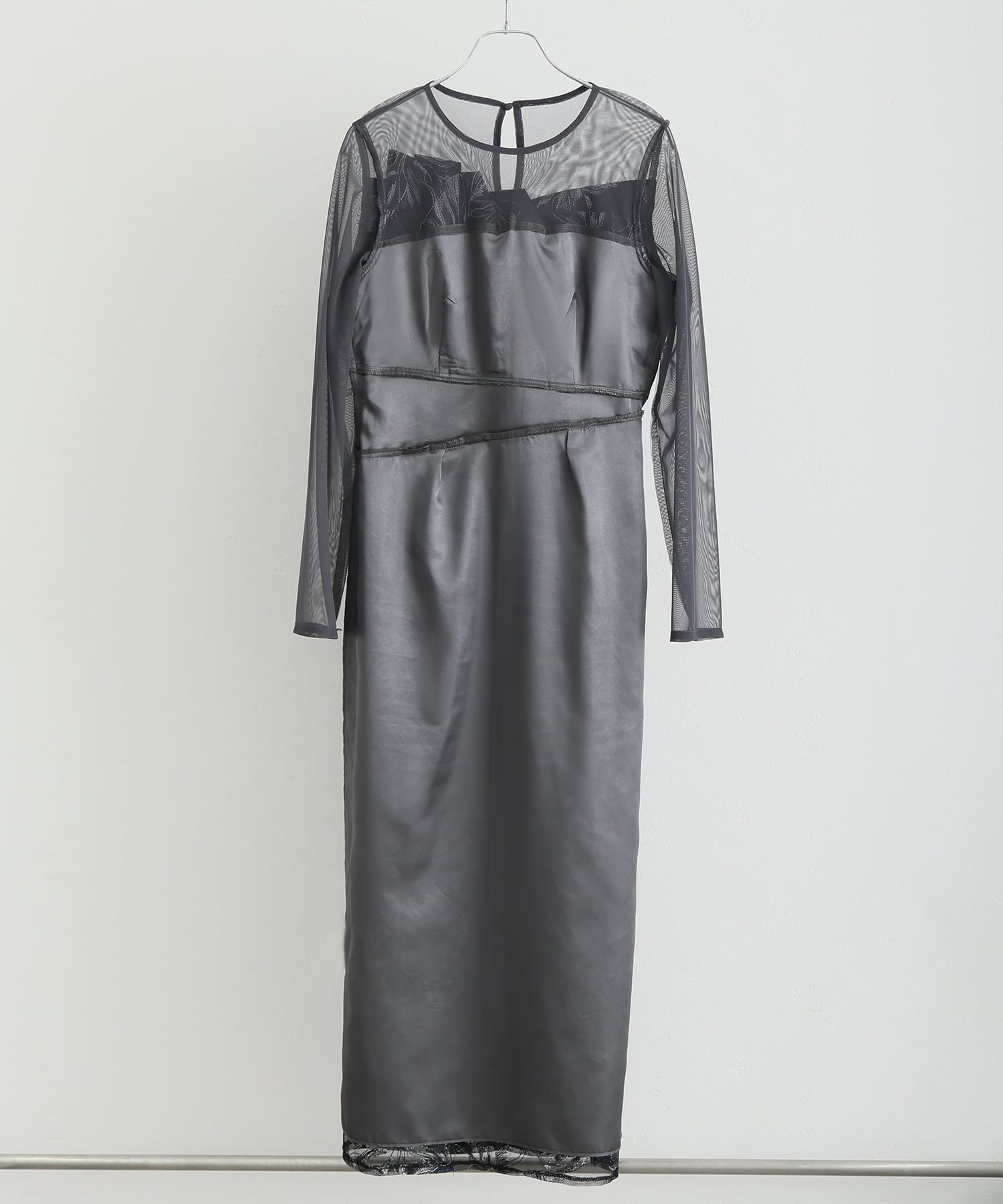 プールヴー PourVous フロントプリーツ フラワー刺繍 アシンメトリー パーティードレスお呼ばれミモレ丈&袖あり結婚式二次会フォーマルオケージョンドレス同窓会成人式 フォーマル ワンピース パーティードレス (グレー) グレー