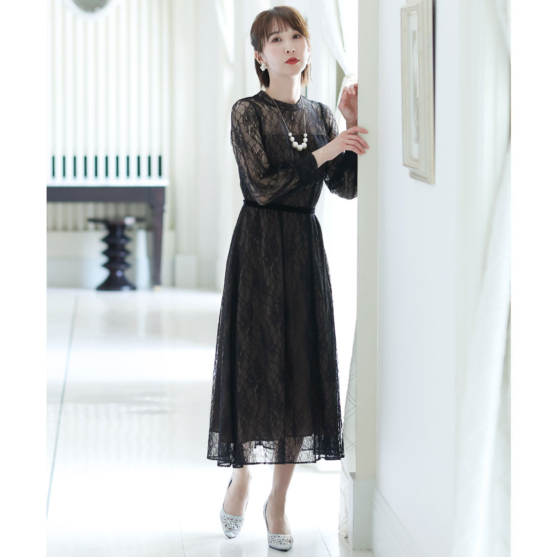 プールヴー PourVous 袖あり&ミモレ丈パーティードレスシアーレースお呼ばれ結婚式フォーマル ワンピース 20代 30代 40代 (ブラック) ブラック