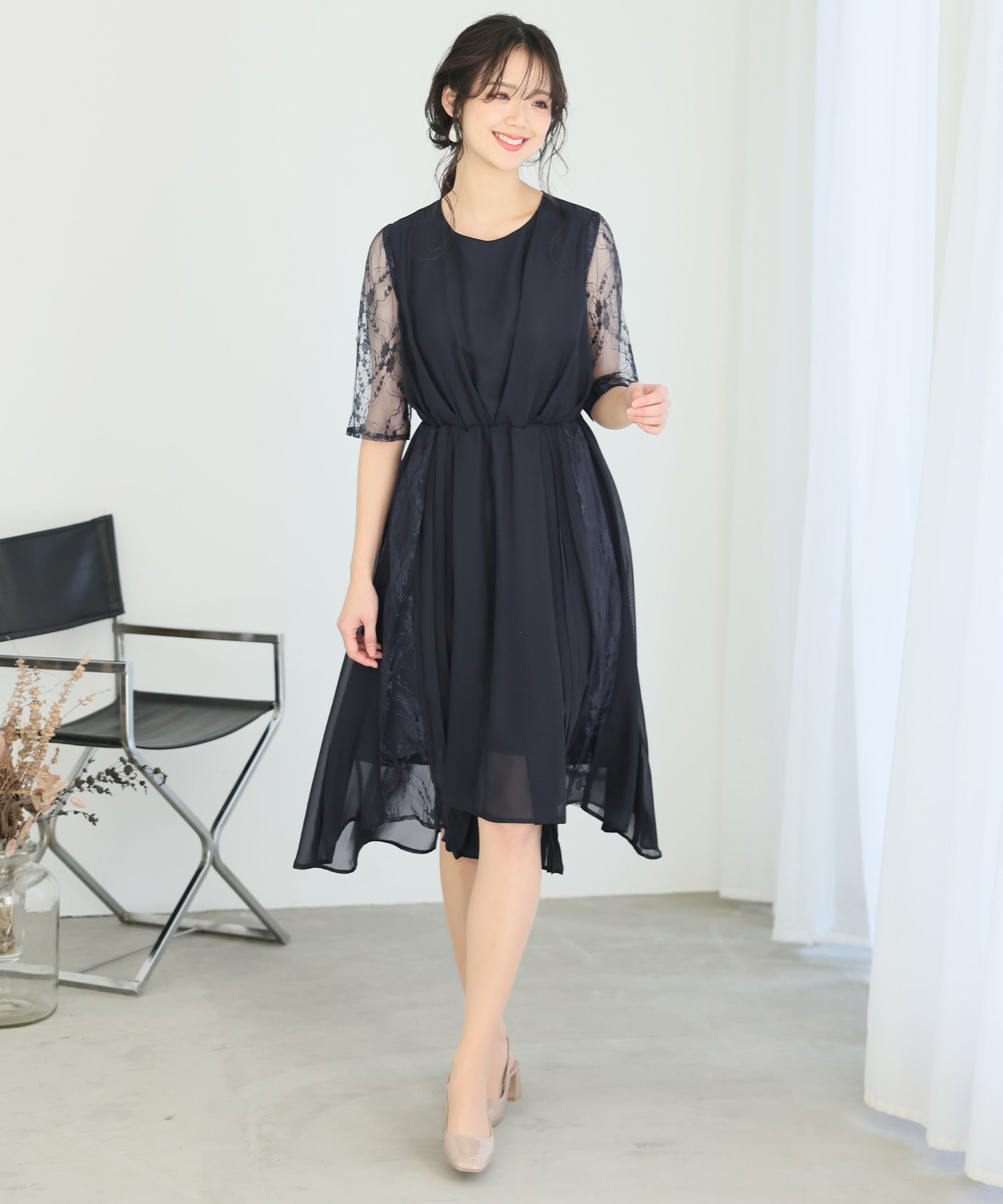 プールヴー PourVous ロング&七分袖フォーマルアシンメトリー大きいサイズ結婚式ワンピースドレス パーティードレス 20代 30代 40代 (ネイビー) ネイビー