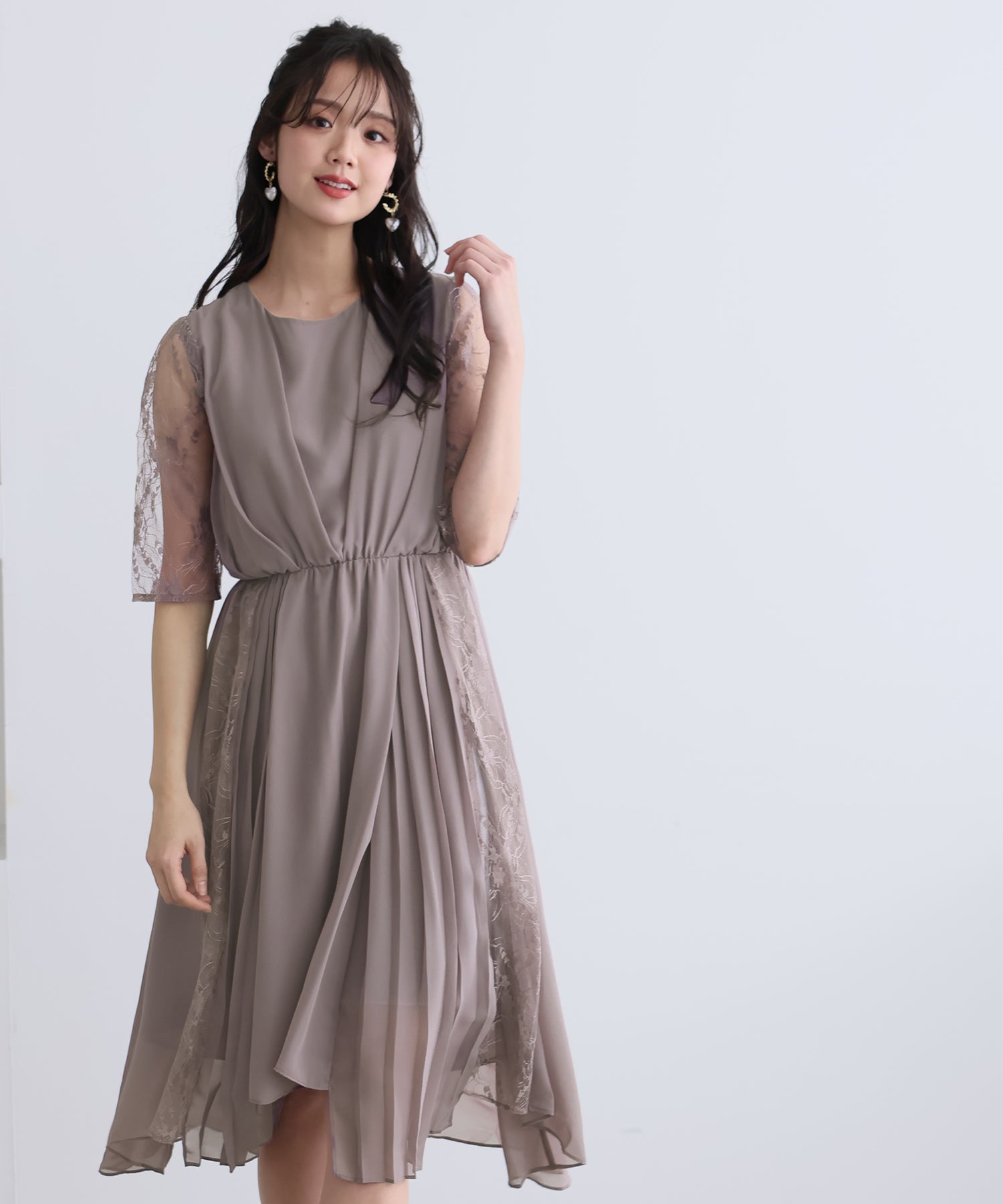 プールヴー PourVous ロング&七分袖フォーマルアシンメトリー大きいサイズ結婚式ワンピースドレス パーティードレス 20代 30代 40代 (グレージュ) グレージュ