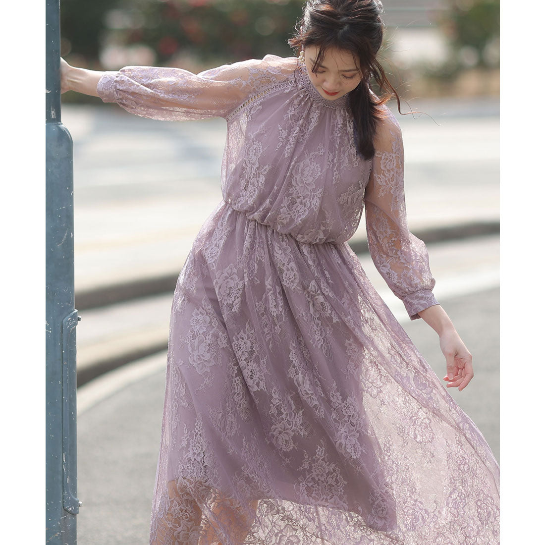 プールヴー PourVous 結婚式パーティードレスミモレ丈と袖ありハイネック大きいサイズフォーマル ワンピース 20代 30代 40代 (パープル) パープル