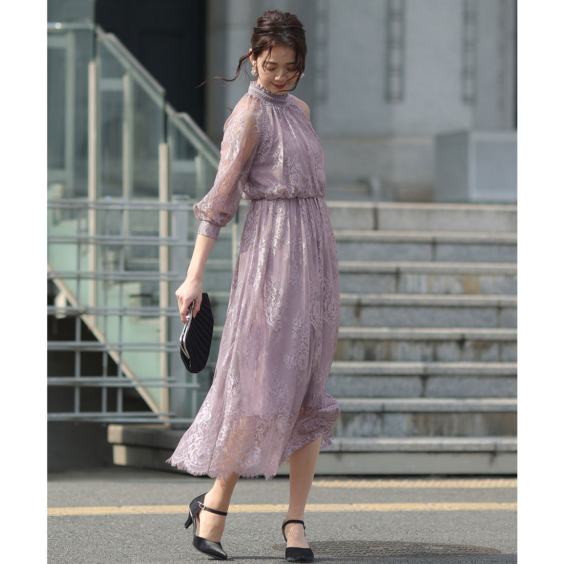 プールヴー PourVous 結婚式パーティードレスミモレ丈と袖ありハイネック大きいサイズフォーマル ワンピース 20代 30代 40代 (パープル) パープル