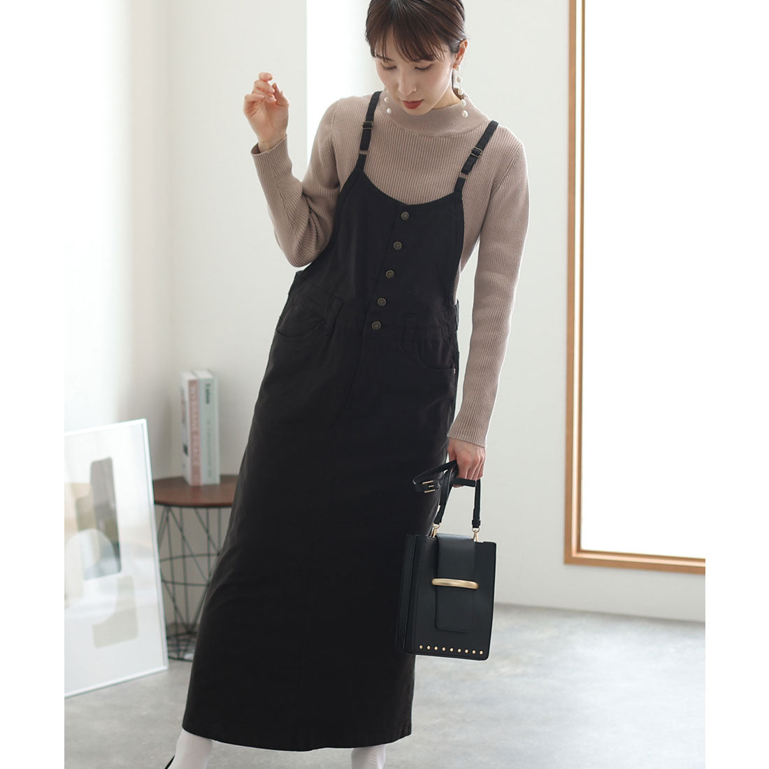 プールヴー PourVous ツイルマキシ丈スカートサロペット