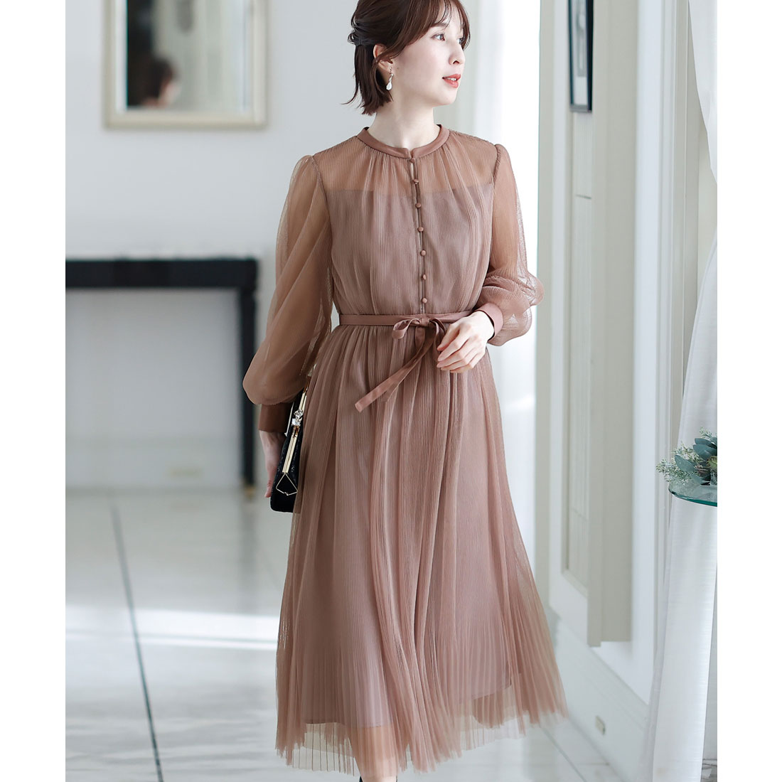 PourVous Wedding Party Dress Mid-length with Sleeves Crystal Pleats Large Size Formal Dress 20s 30s 40s