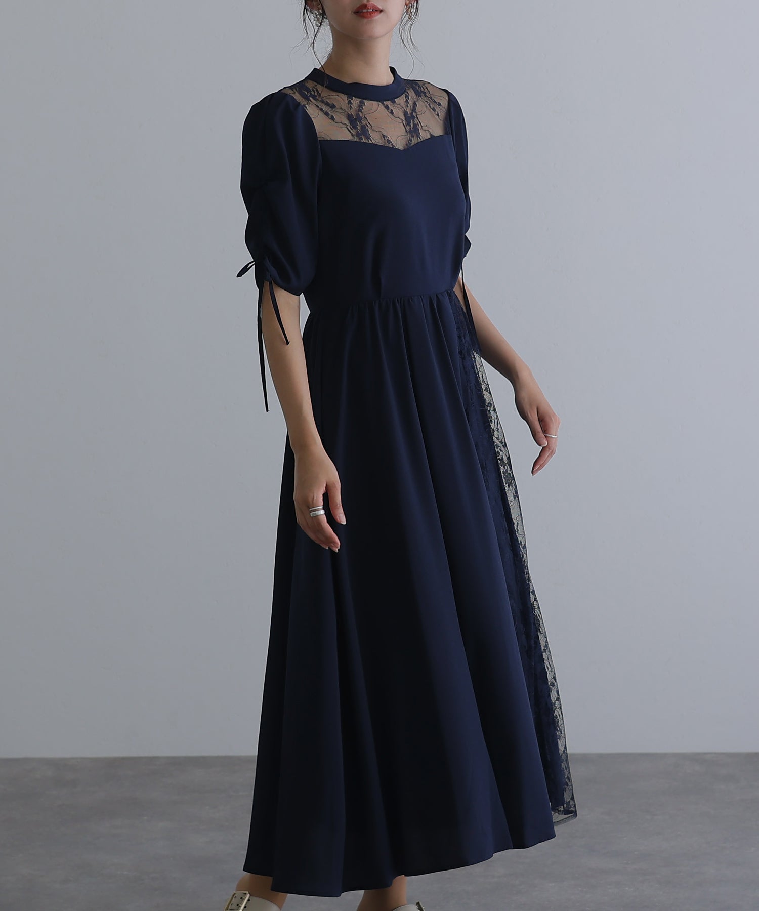 プールヴー PourVous ミモレ丈&袖ありフォーマルギャザースリーブ大きいサイズ結婚式パーティードレス ワンピース 20代 30代 40代 (ネイビー) ネイビー