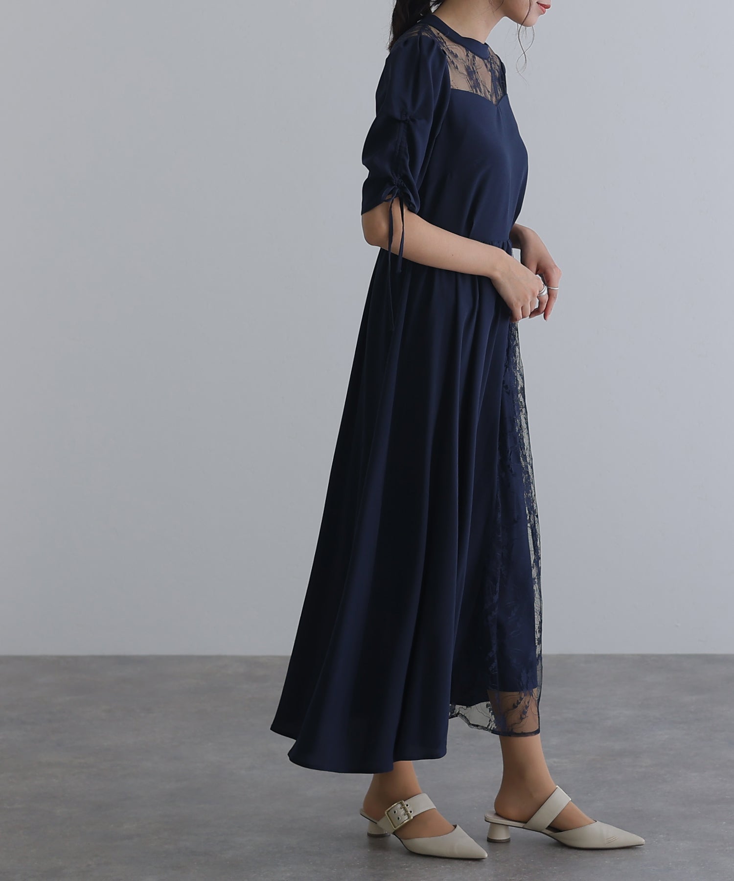 プールヴー PourVous ミモレ丈&袖ありフォーマルギャザースリーブ大きいサイズ結婚式パーティードレス ワンピース 20代 30代 40代 (ネイビー) ネイビー