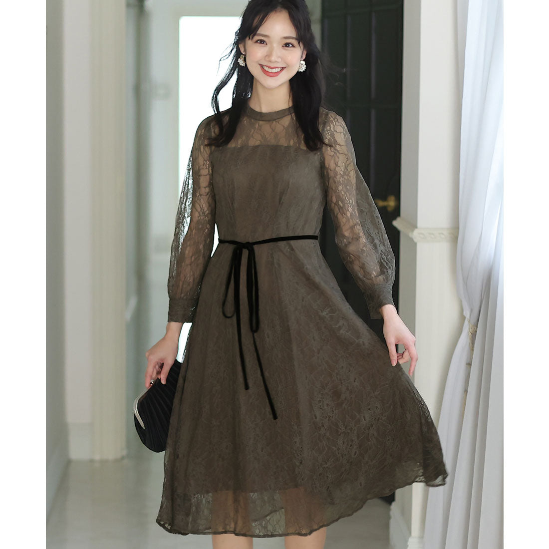 プールヴー PourVous 袖あり&ミモレ丈パーティードレスシアーレースお呼ばれ結婚式フォーマル ワンピース 20代 30代 40代 (チャコールグレー) チャコールグレー