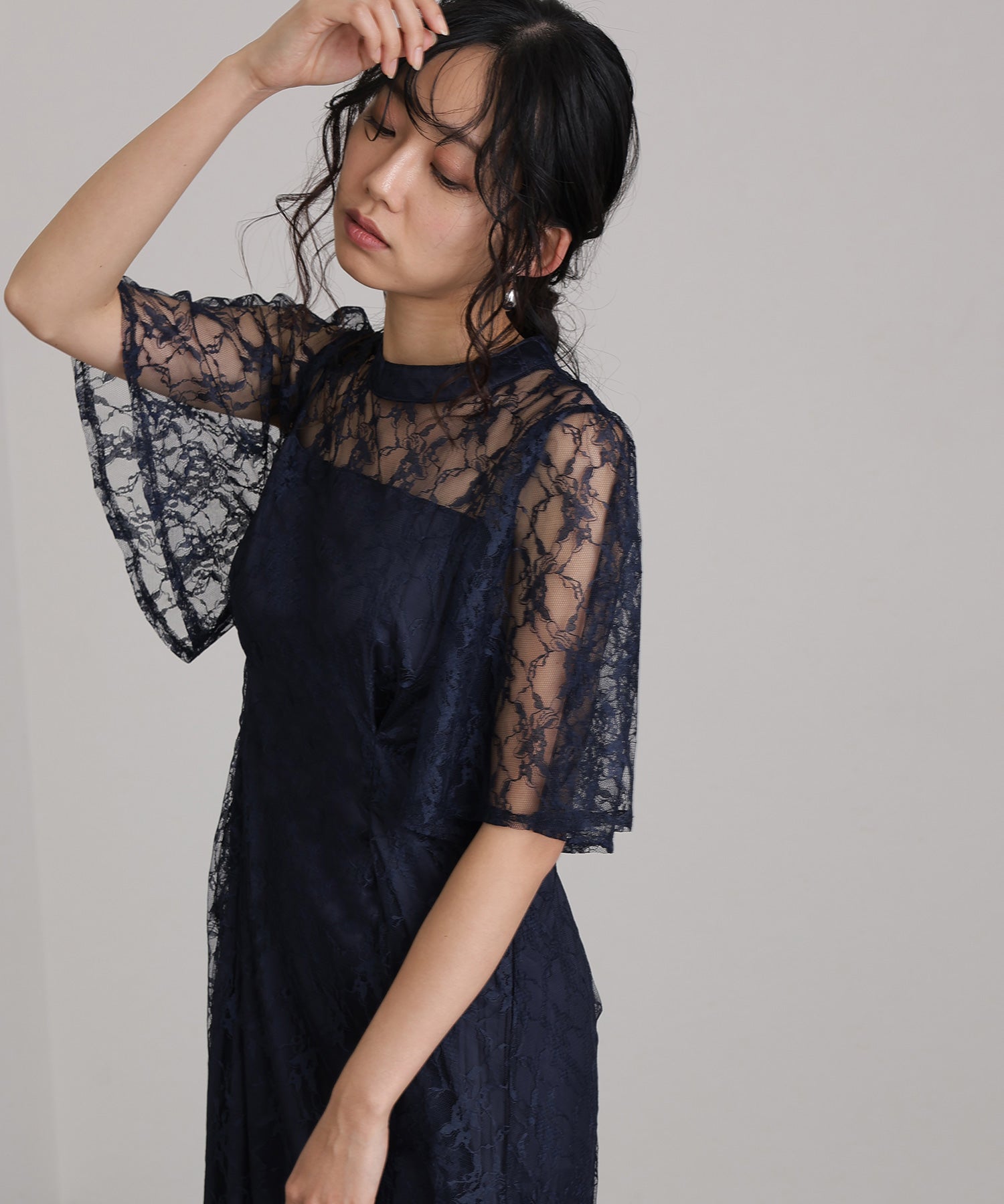 プールヴー PourVous ミモレ丈&袖ありフォーマル総レース大きいサイズ結婚式パーティードレス ワンピース 20代 30代 40代 (ネイビー) ネイビー