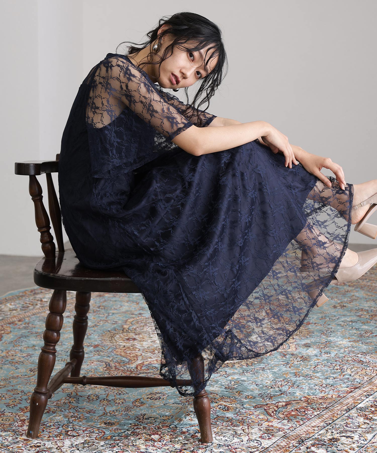 プールヴー PourVous ミモレ丈&袖ありフォーマル総レース大きいサイズ結婚式パーティードレス ワンピース 20代 30代 40代 (ネイビー) ネイビー