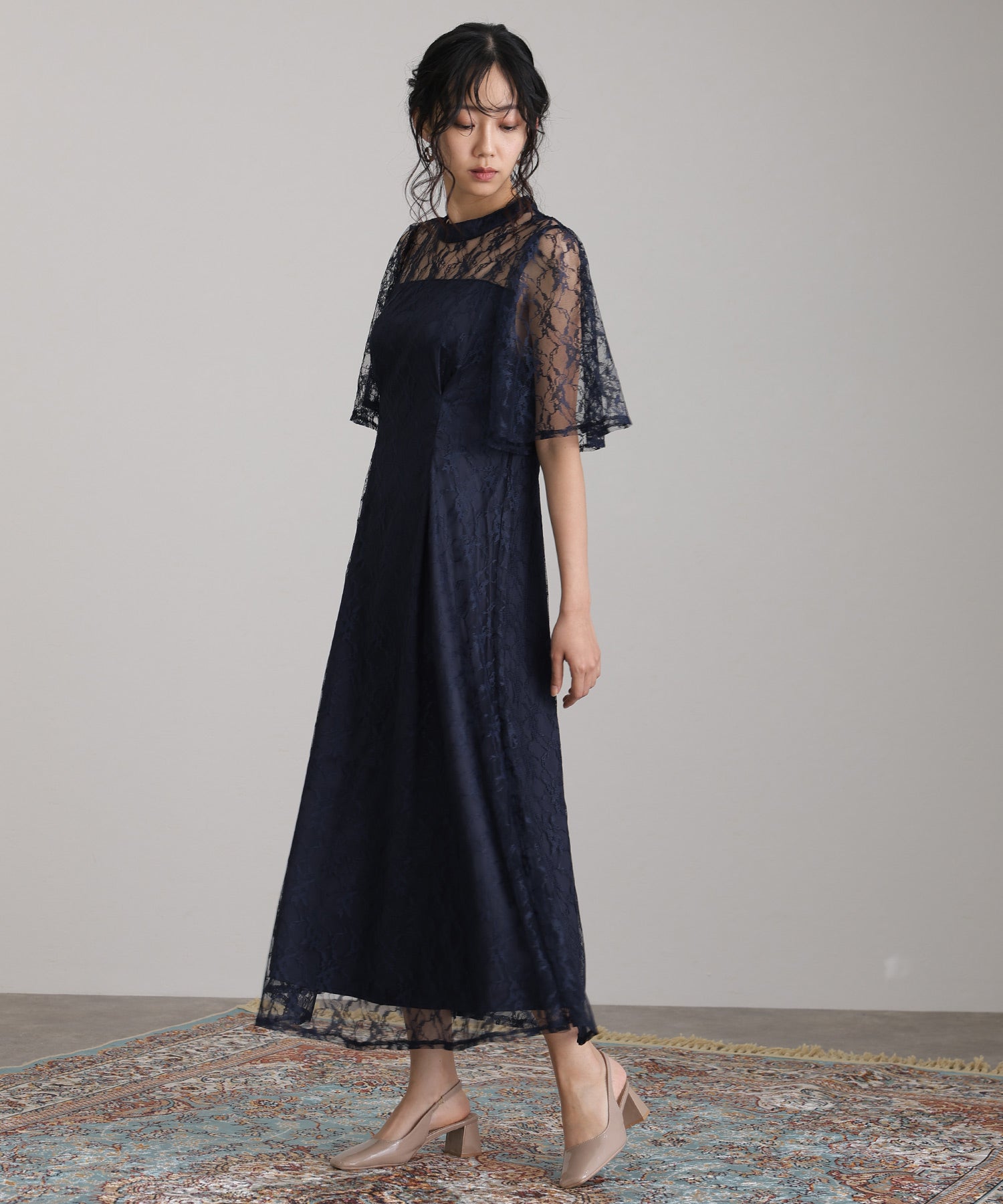 プールヴー PourVous ミモレ丈&袖ありフォーマル総レース大きいサイズ結婚式パーティードレス ワンピース 20代 30代 40代 (ネイビー) ネイビー