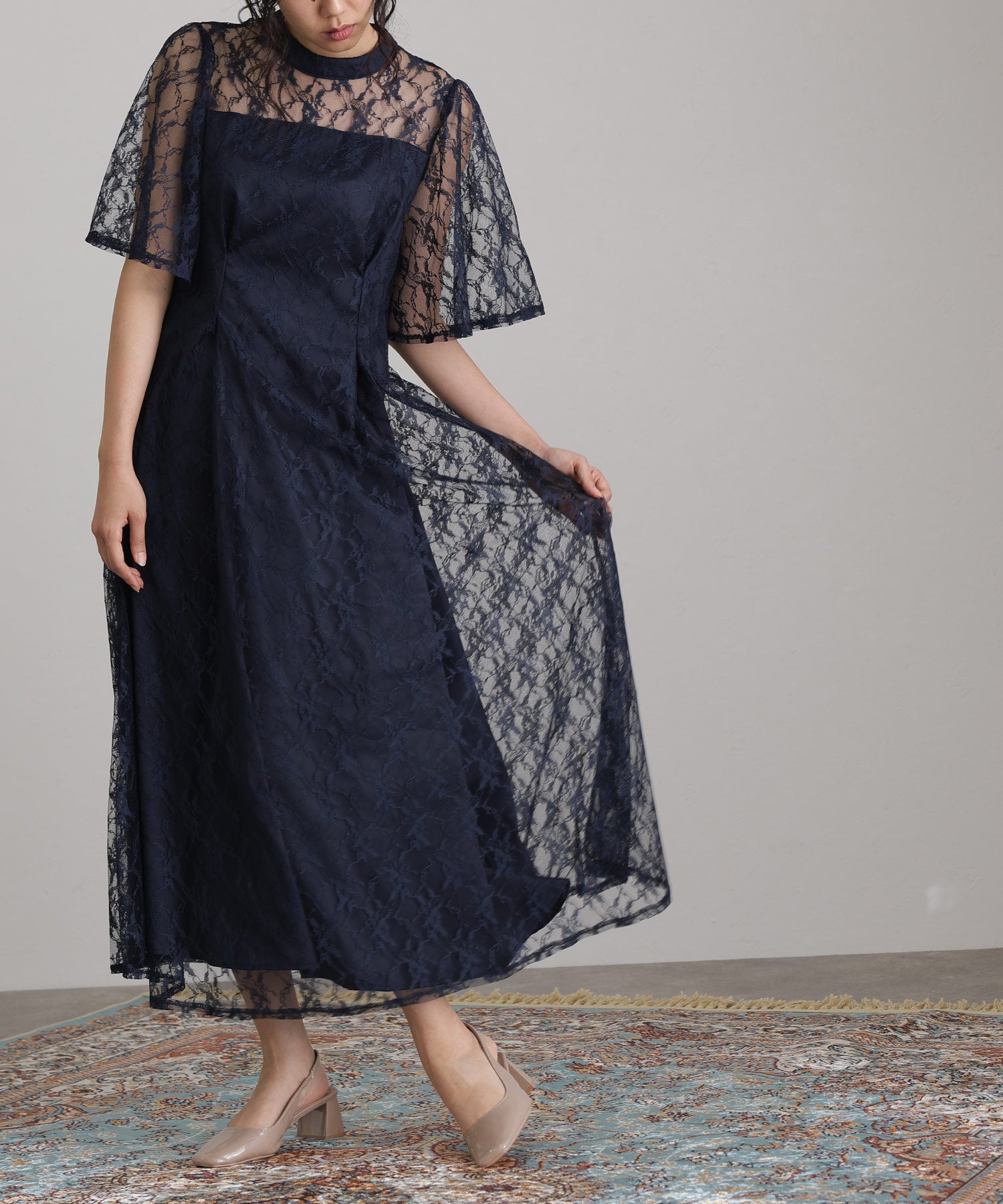 プールヴー PourVous ミモレ丈&袖ありフォーマル総レース大きいサイズ結婚式パーティードレス ワンピース 20代 30代 40代 (ネイビー) ネイビー