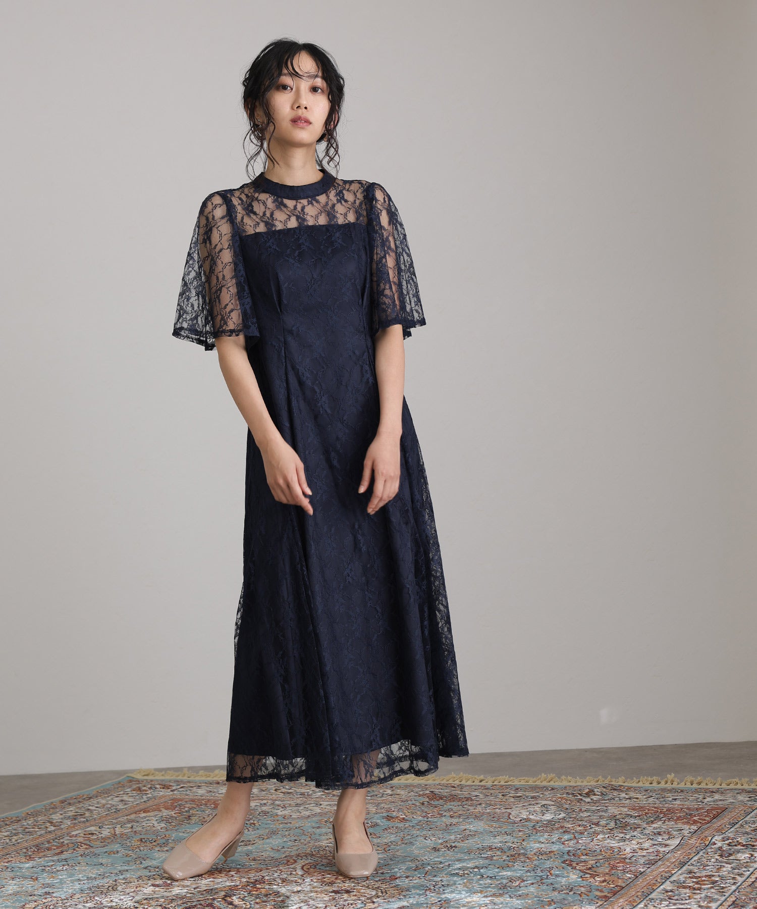 プールヴー PourVous ミモレ丈&袖ありフォーマル総レース大きいサイズ結婚式パーティードレス ワンピース 20代 30代 40代 (ネイビー) ネイビー