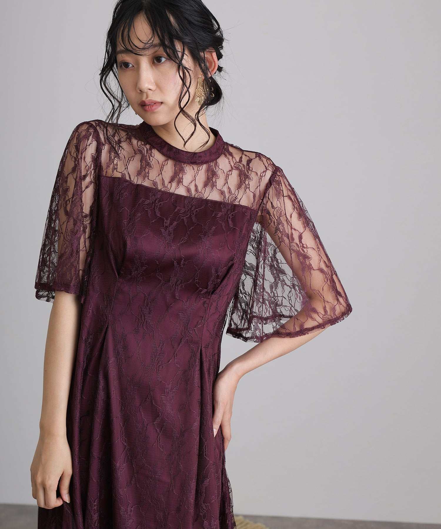 プールヴー PourVous ミモレ丈&袖ありフォーマル総レース大きいサイズ結婚式パーティードレス ワンピース 20代 30代 40代