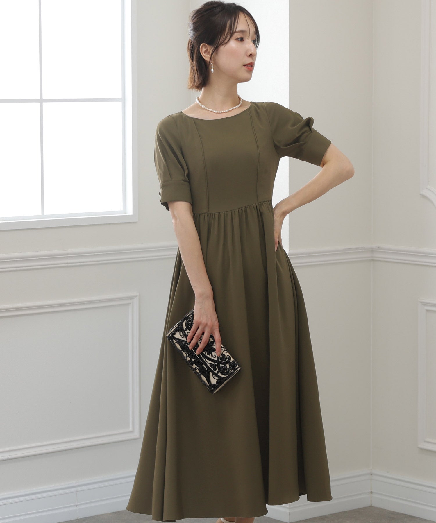 green emerald velvet dress PourVous Sleeved & Mid-Length Party Dress with Piping Wedding Formal Dress for Women in Their 20s, 30s and 40s