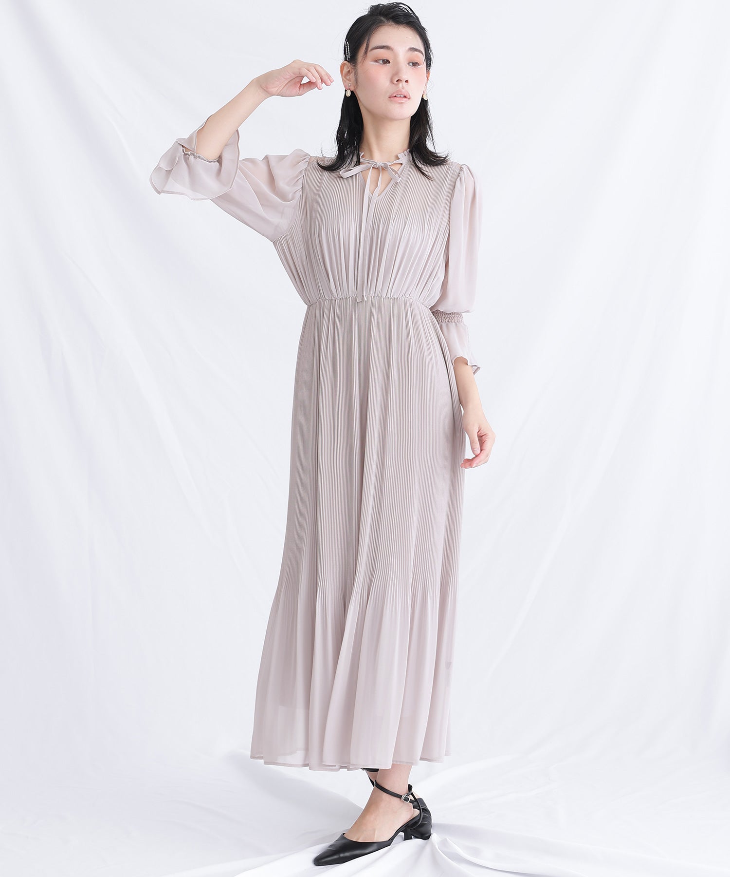 プールヴー PourVous シフォンパーティードレスお呼ばれ袖あり&ミモレ丈結婚式フォーマル ワンピース 20代 30代 40代,ライトグレー