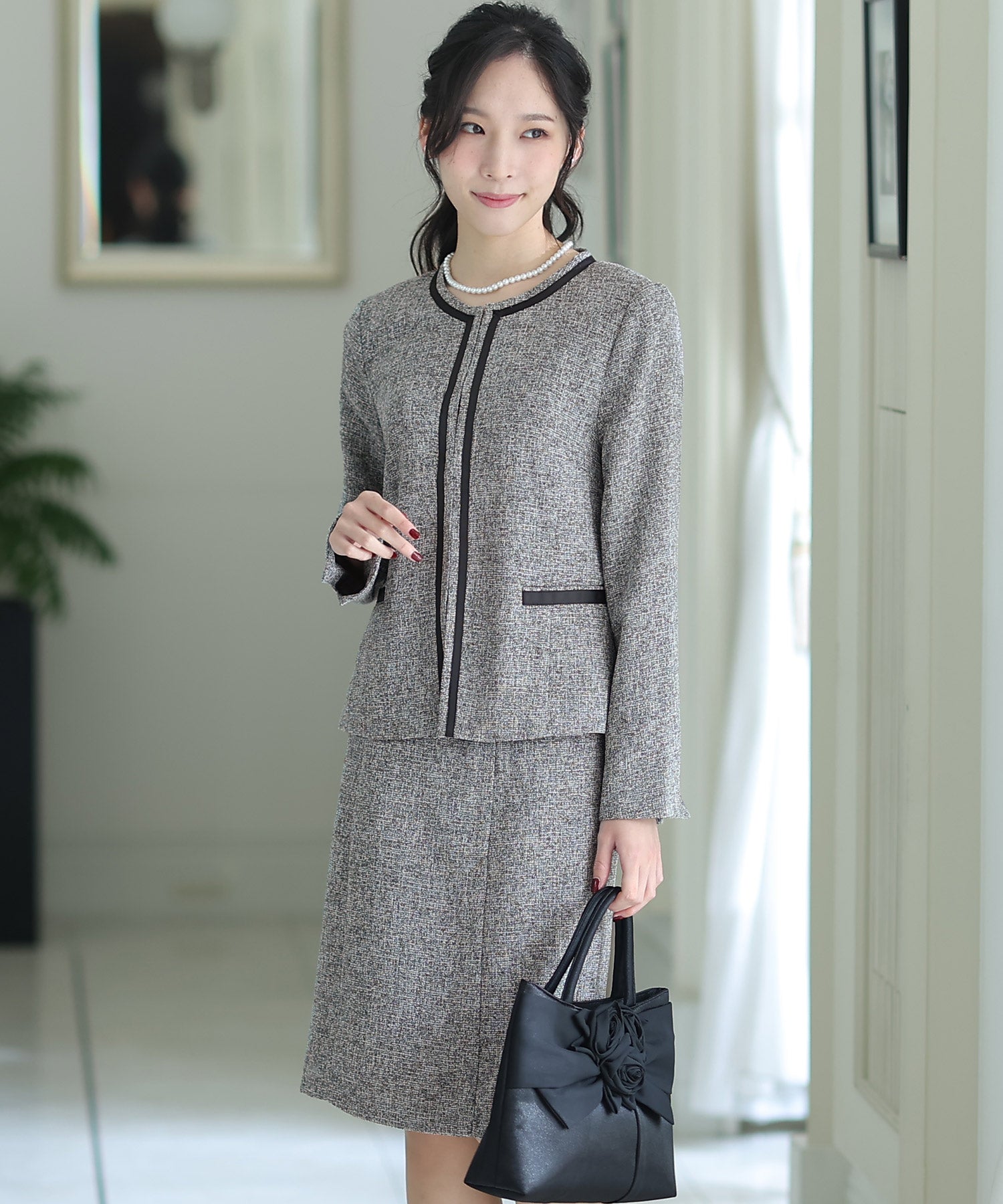 PourVous Tweed No-Collar Skirt Suit