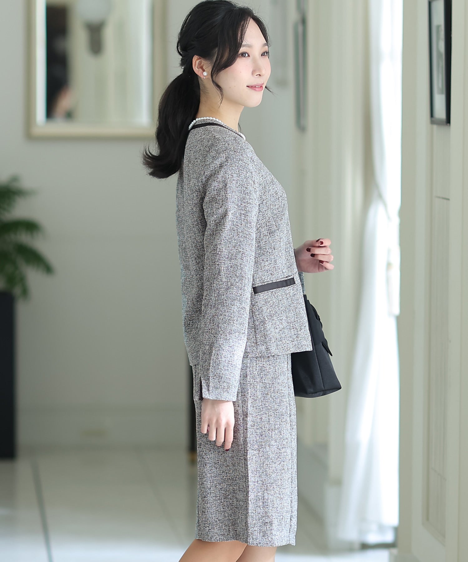 PourVous Tweed No-Collar Skirt Suit