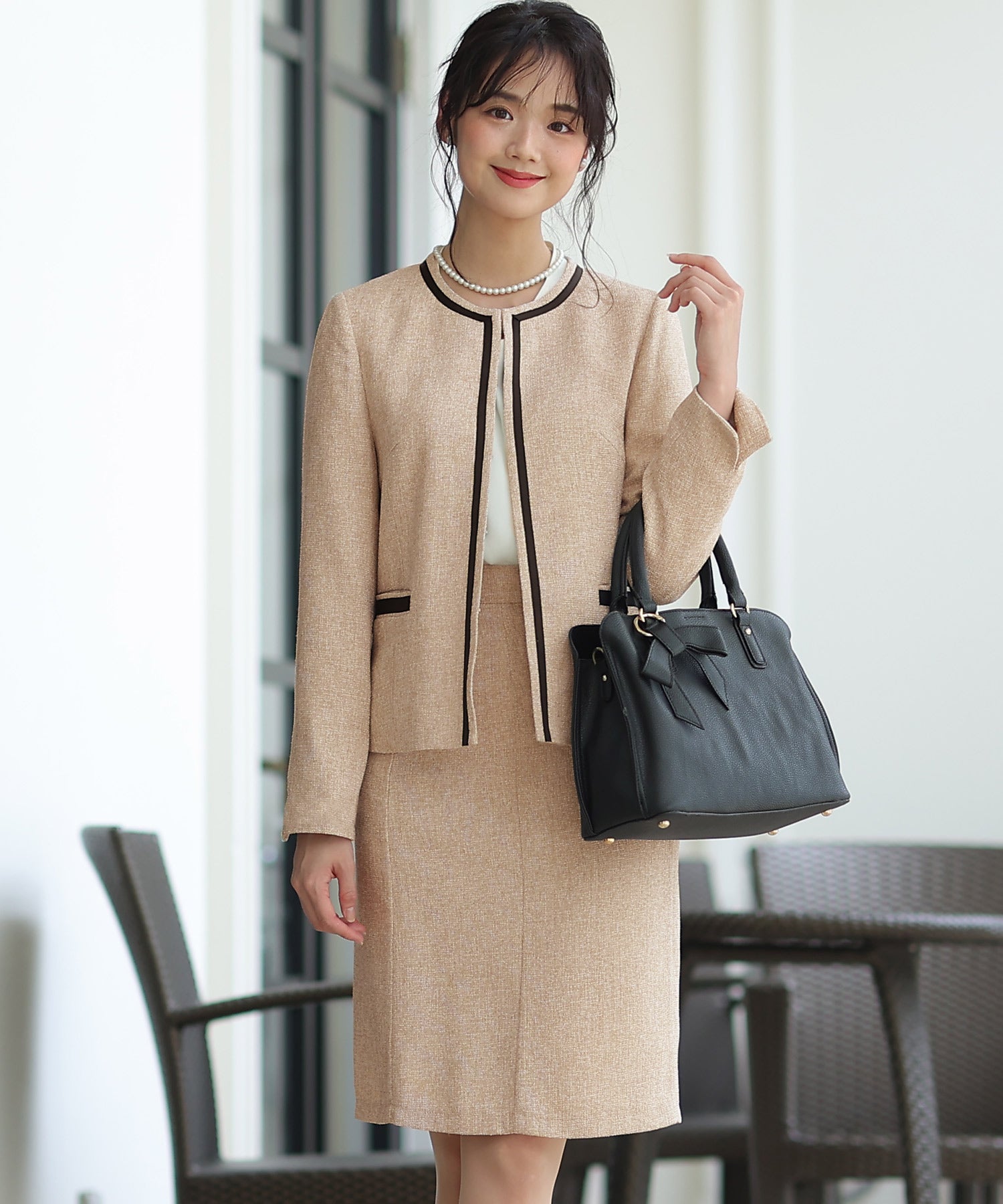PourVous Tweed No-Collar Skirt Suit