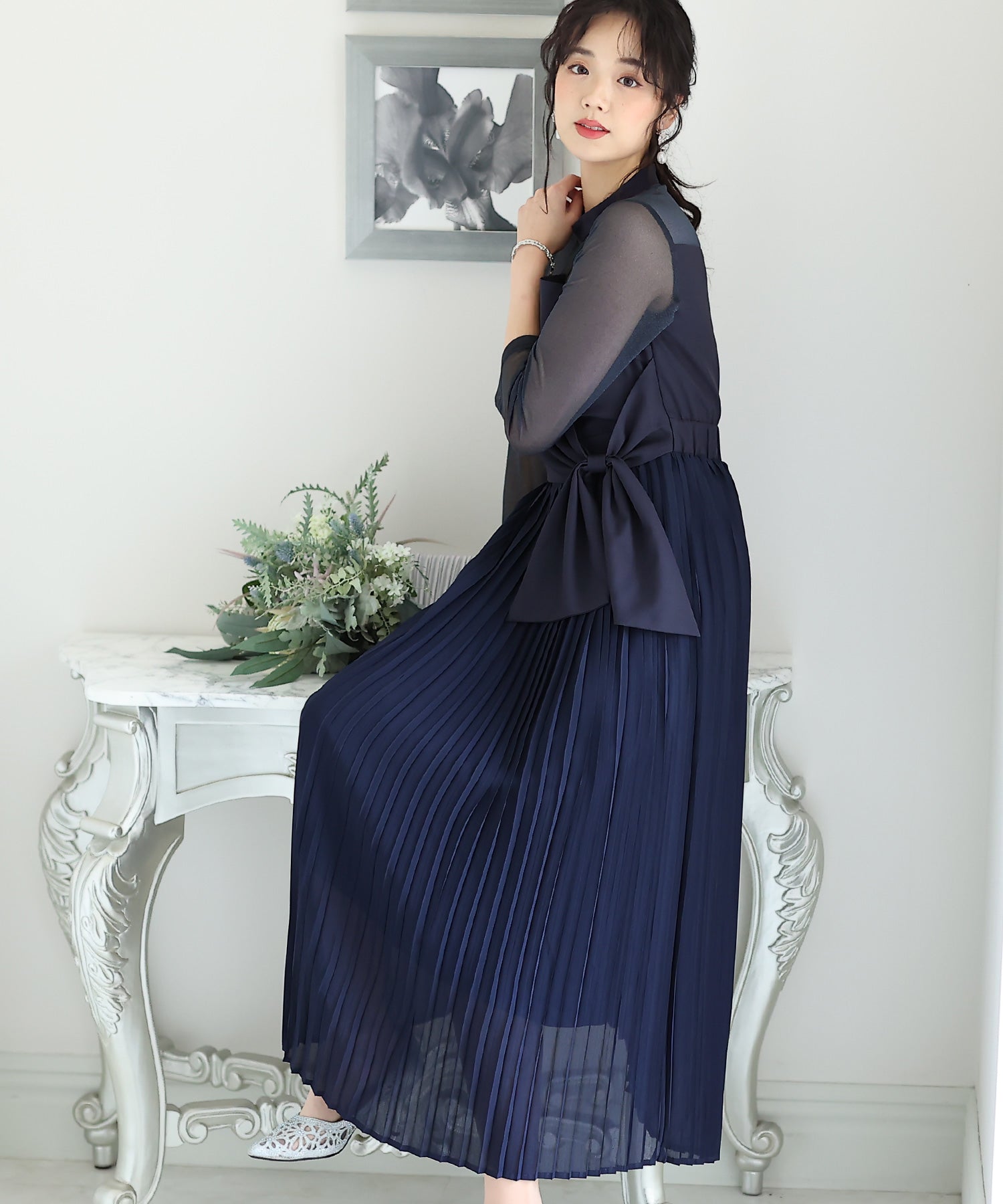 プールヴー PourVous ミモレ丈&七分袖フォーマルビスチェセレモニー結婚式パーティードレス ワンピース 20代 30代 40代 (ネイビー) ネイビー