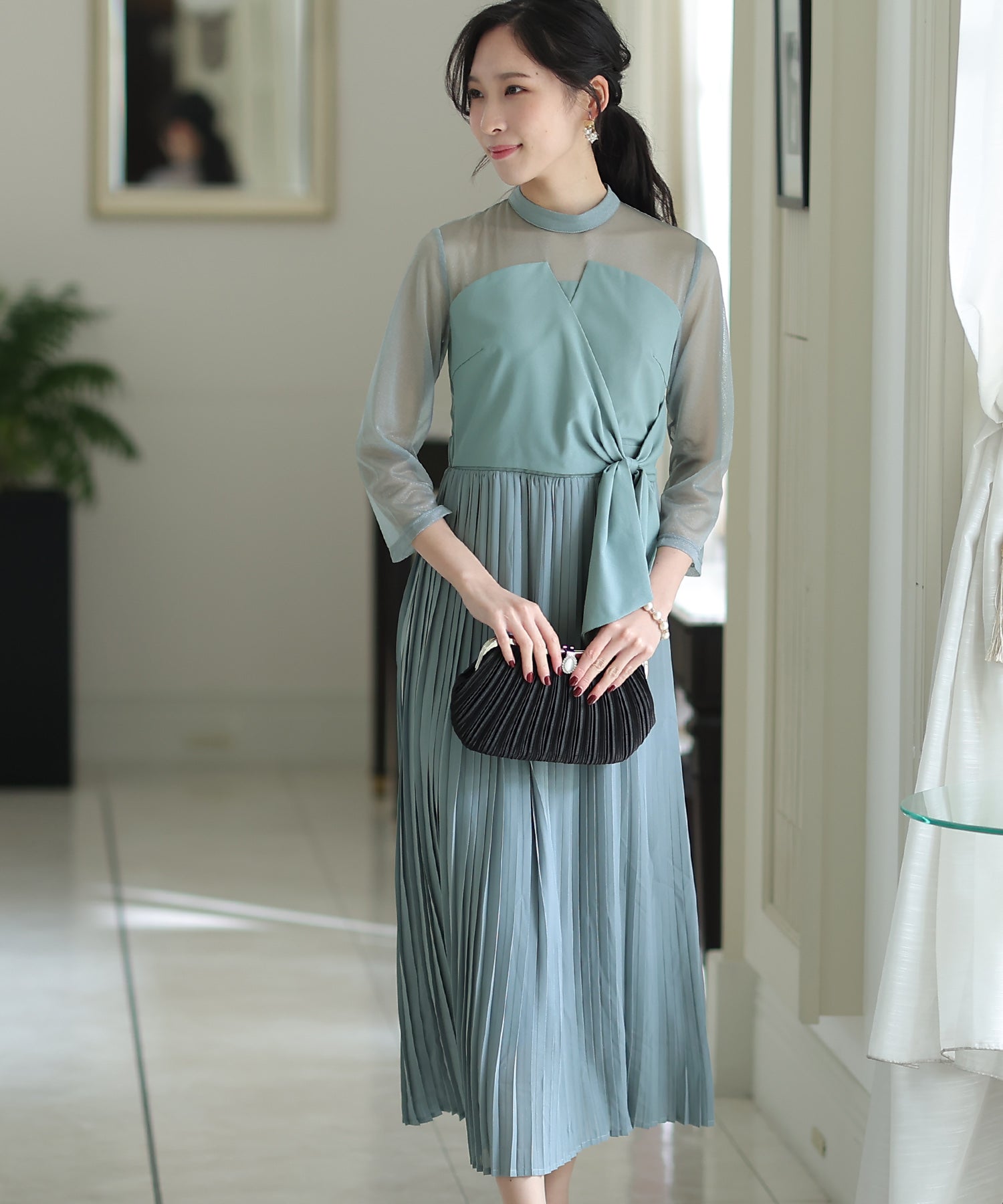 プールヴー PourVous ミモレ丈&七分袖フォーマルビスチェセレモニー結婚式パーティードレス ワンピース 20代 30代 40代 (グレイッシュブルー) グレイッシュブルー
