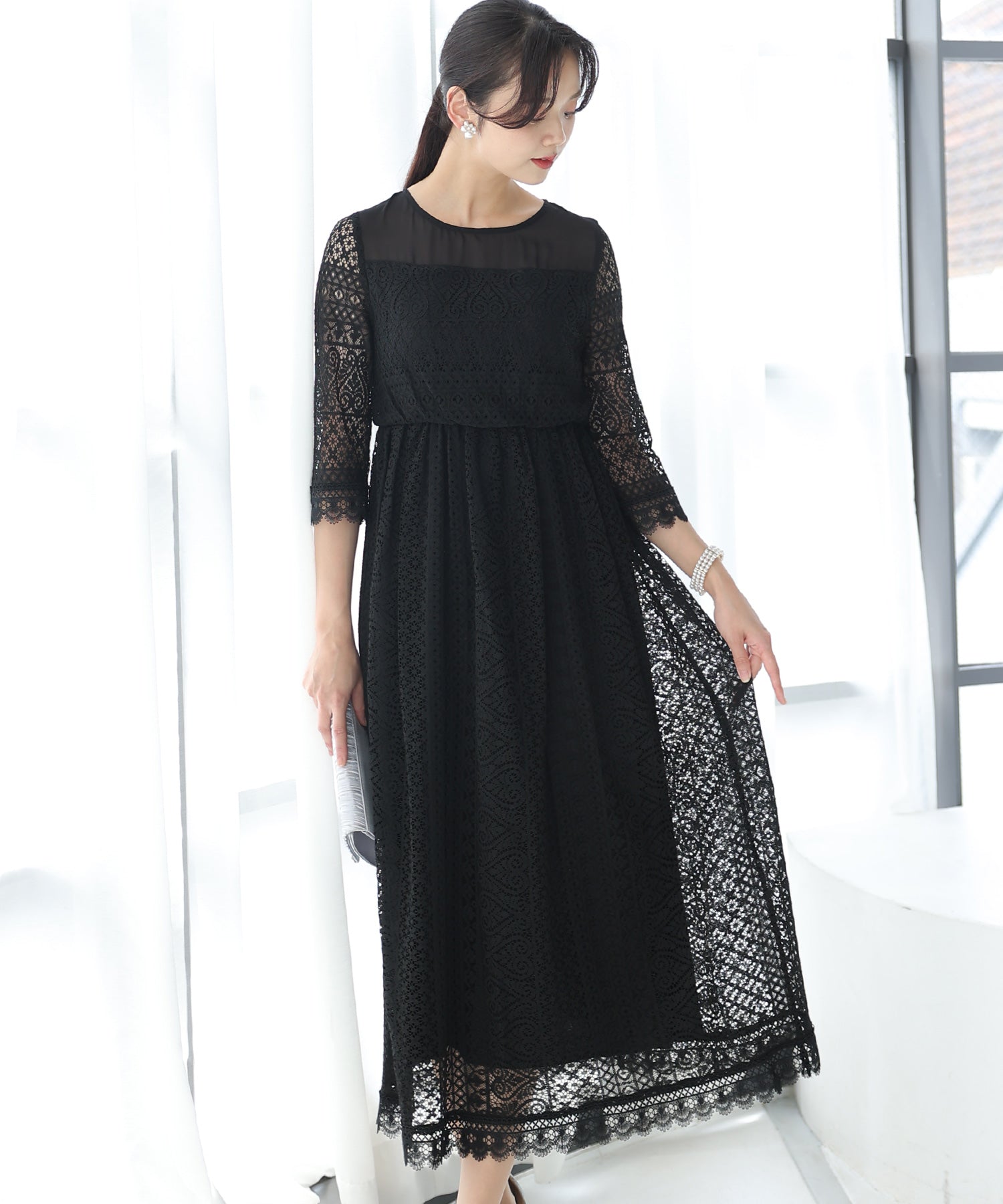 PourVous Wedding Party Dress Mid-Length and 3/4 Sleeve Scallop Lace Ceremony Formal Dress for Women in Their 20s, 30s and 40s