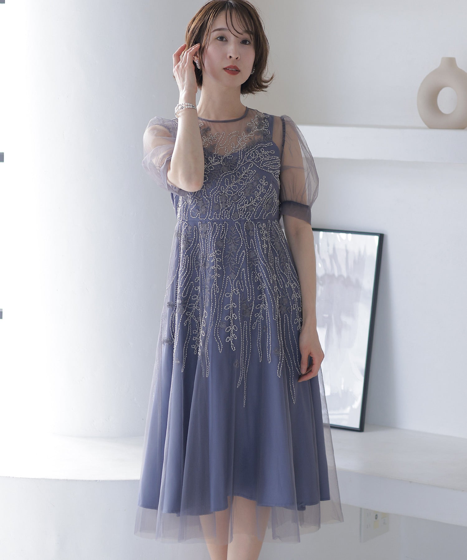 プールヴー PourVous ビーズ刺繍パーティードレスお呼ばれロング&袖あり結婚式フォーマル ワンピース 20代 30代 40代 (モーヴ) モーヴ