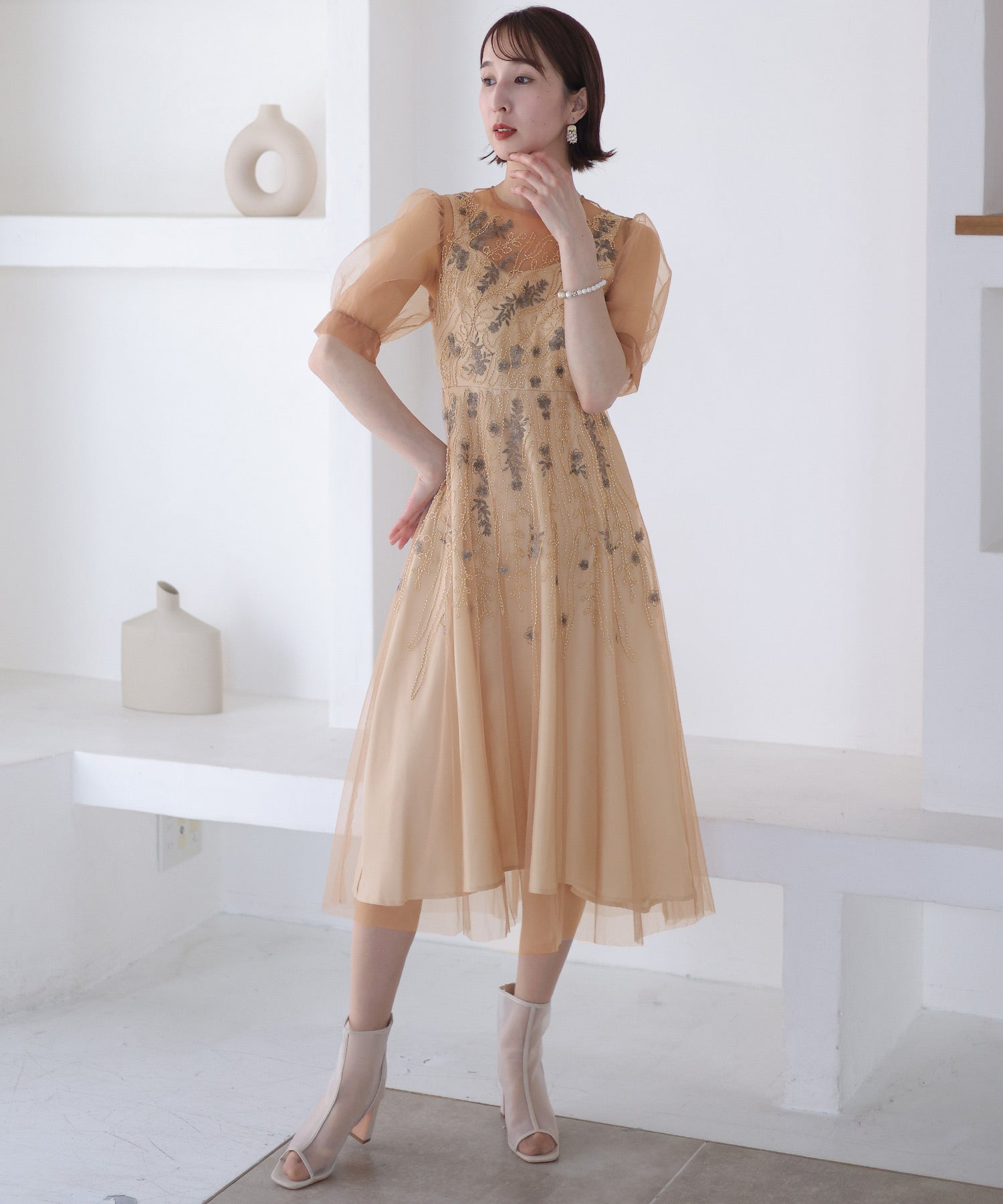 プールヴー PourVous ビーズ刺繍パーティードレスお呼ばれロング&袖あり結婚式フォーマル ワンピース 20代 30代 40代 (モーヴ) モーヴ