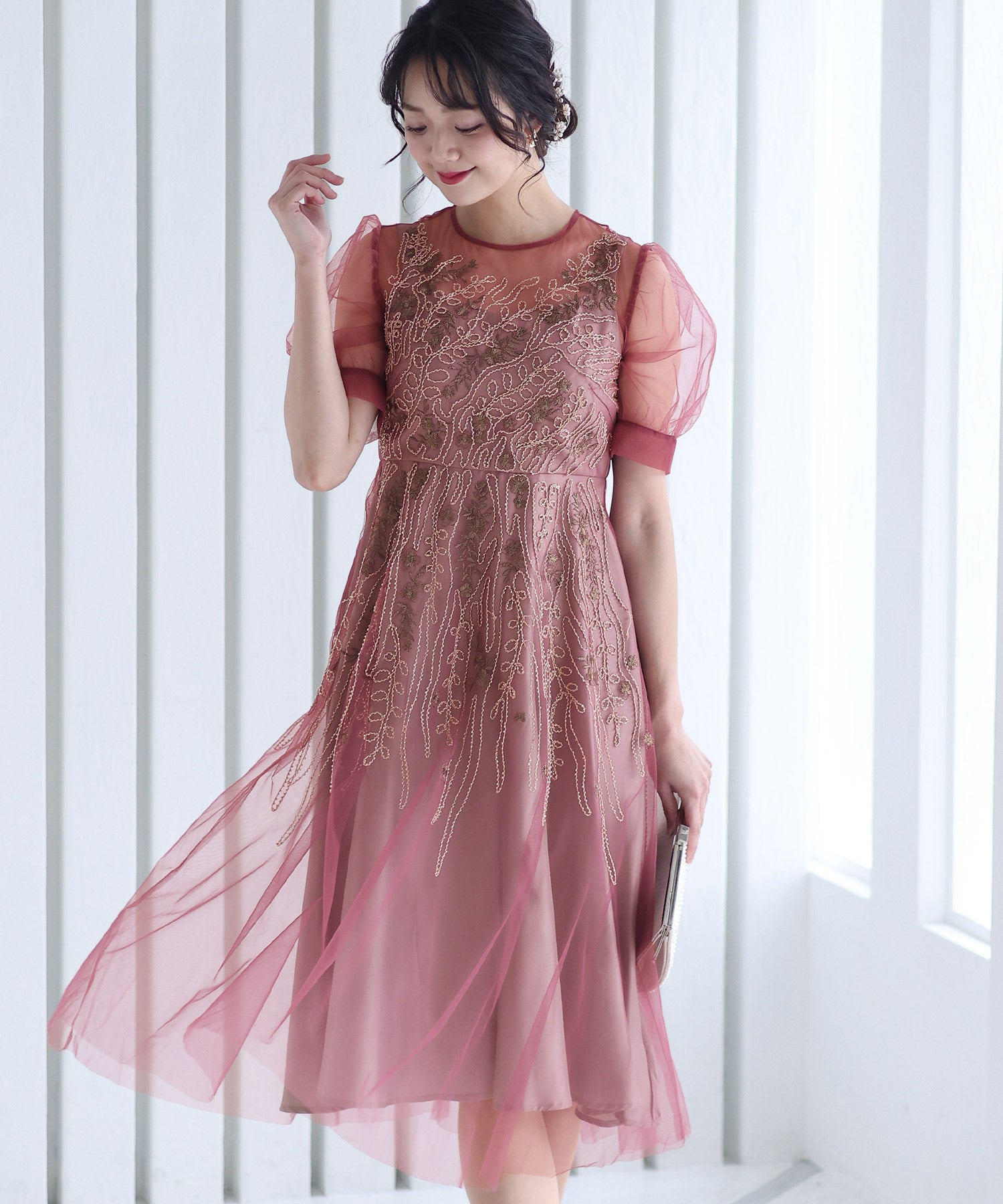 プールヴー PourVous ビーズ刺繍パーティードレスお呼ばれロング&袖あり結婚式フォーマル ワンピース 20代 30代 40代 (モーヴ) モーヴ