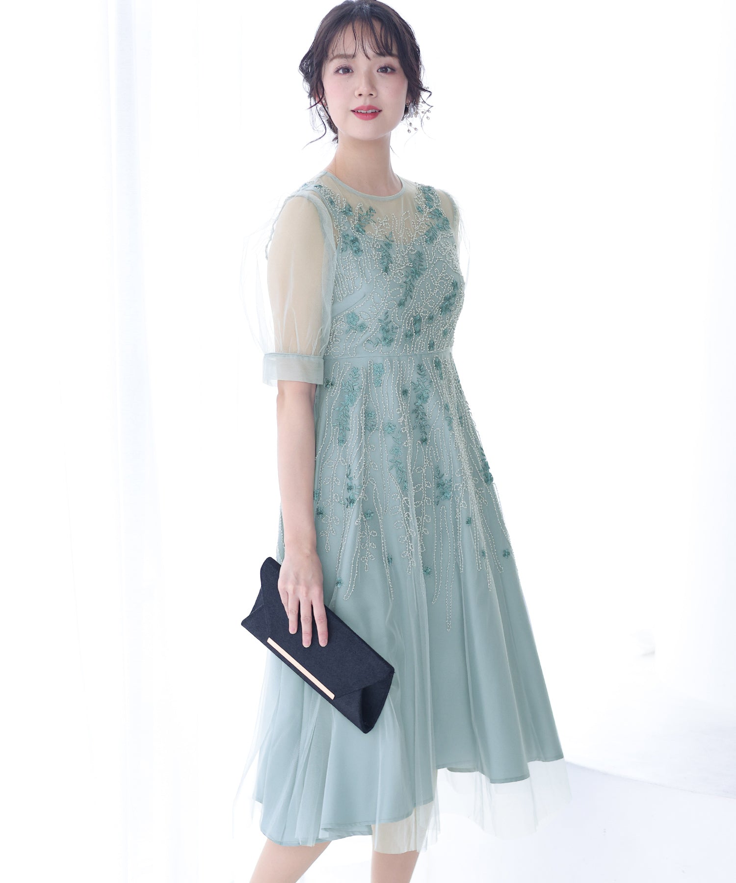 プールヴー PourVous ビーズ刺繍パーティードレスお呼ばれロング&袖あり結婚式フォーマル ワンピース 20代 30代 40代 (ライトカーキ) ライトカーキ