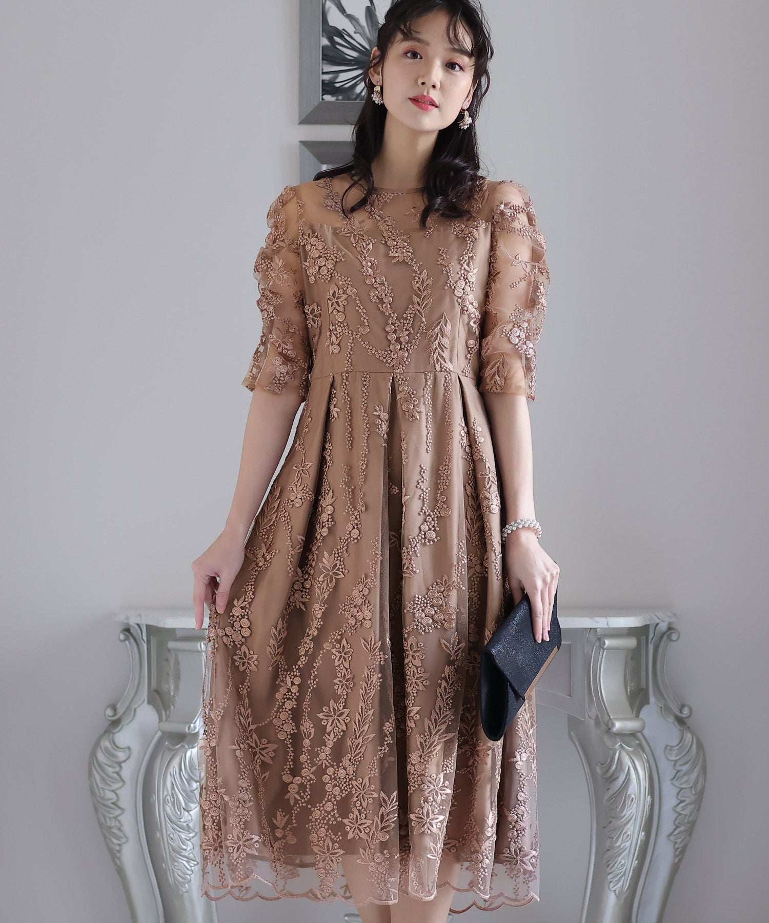 PourVous 3/4 Sleeve & Mid-Length Party Dress, Flower Lace, Large Size, Wedding Formal Dress, 20s, 30s, 40s