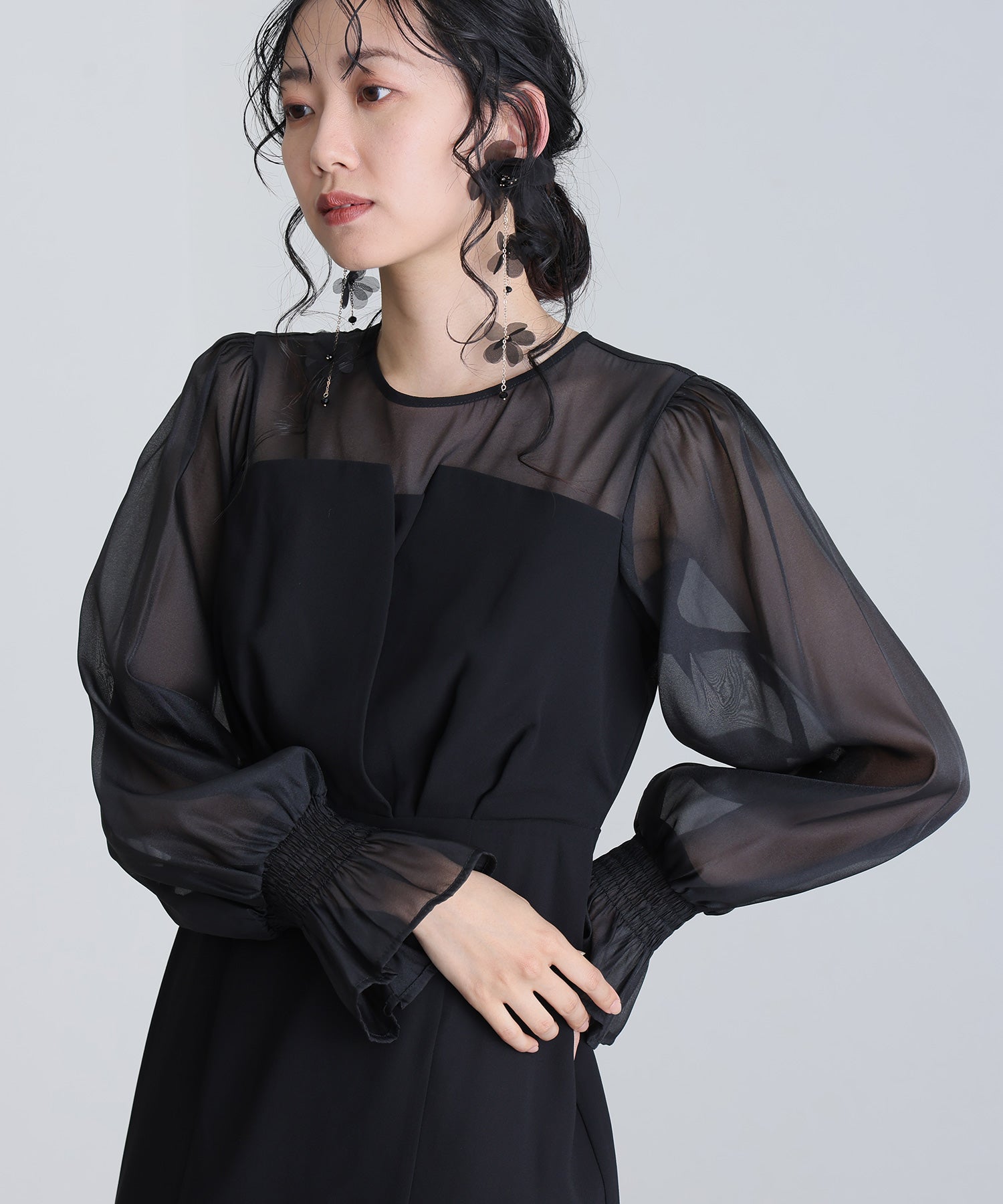 プールヴー PourVous 結婚式パーティードレスビスチェミモレ丈&袖ありセレモニーフォーマル ワンピース 20代 30代 40代 (ブラック) ブラック