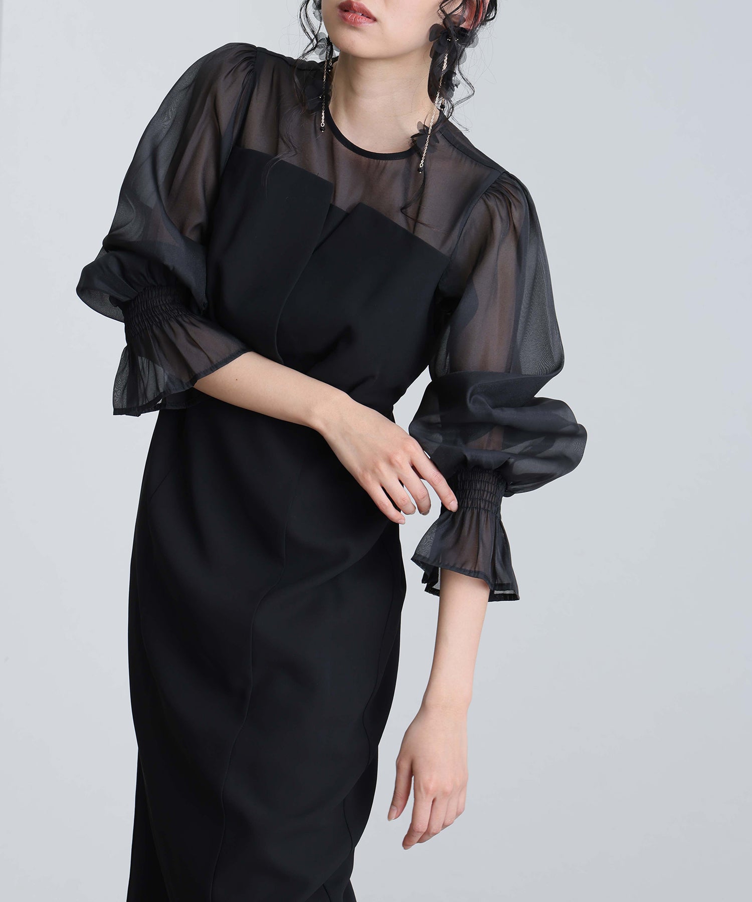 プールヴー PourVous 結婚式パーティードレスビスチェミモレ丈&袖ありセレモニーフォーマル ワンピース 20代 30代 40代 (ブラック) ブラック