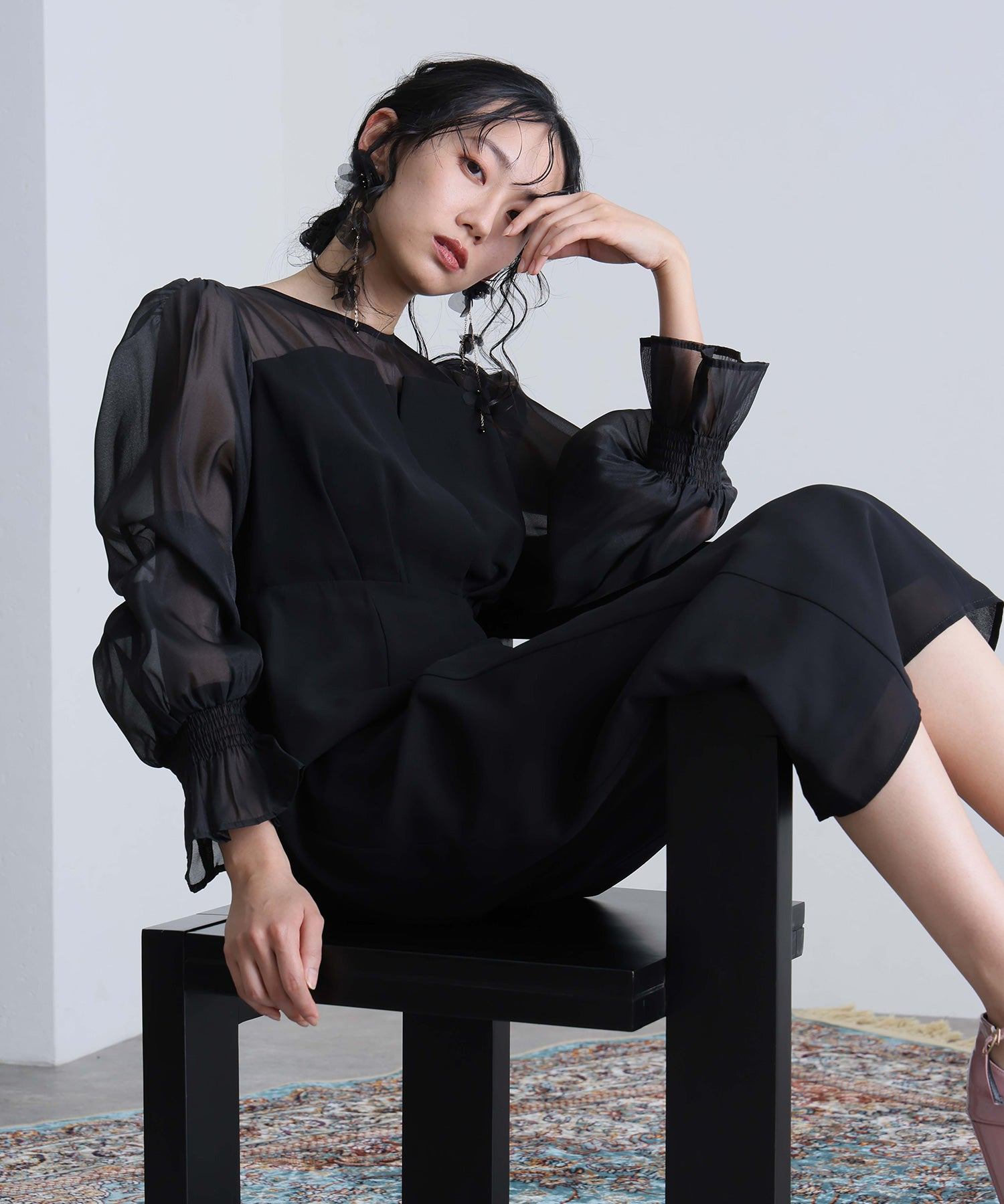 プールヴー PourVous 結婚式パーティードレスビスチェミモレ丈&袖ありセレモニーフォーマル ワンピース 20代 30代 40代 (ブラック) ブラック