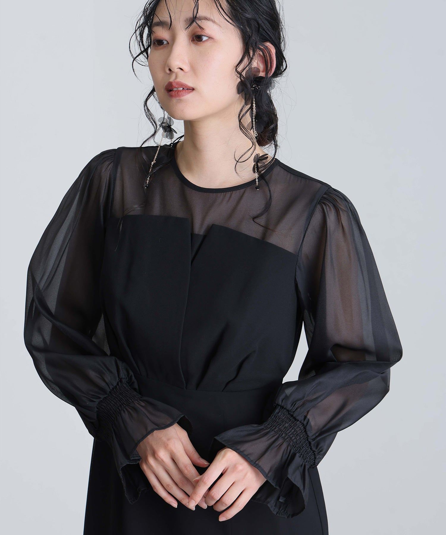 プールヴー PourVous 結婚式パーティードレスビスチェミモレ丈&袖ありセレモニーフォーマル ワンピース 20代 30代 40代 (ブラック) ブラック