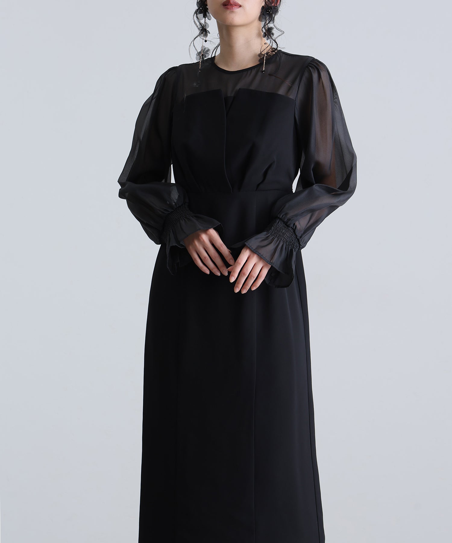プールヴー PourVous 結婚式パーティードレスビスチェミモレ丈&袖ありセレモニーフォーマル ワンピース 20代 30代 40代 (ブラック) ブラック
