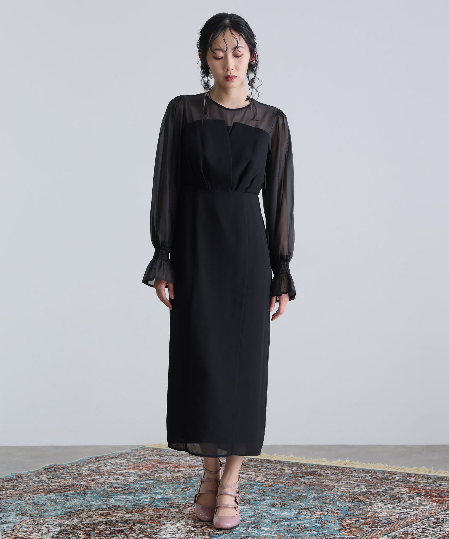 プールヴー PourVous 結婚式パーティードレスビスチェミモレ丈&袖ありセレモニーフォーマル ワンピース 20代 30代 40代 (ブラック) ブラック