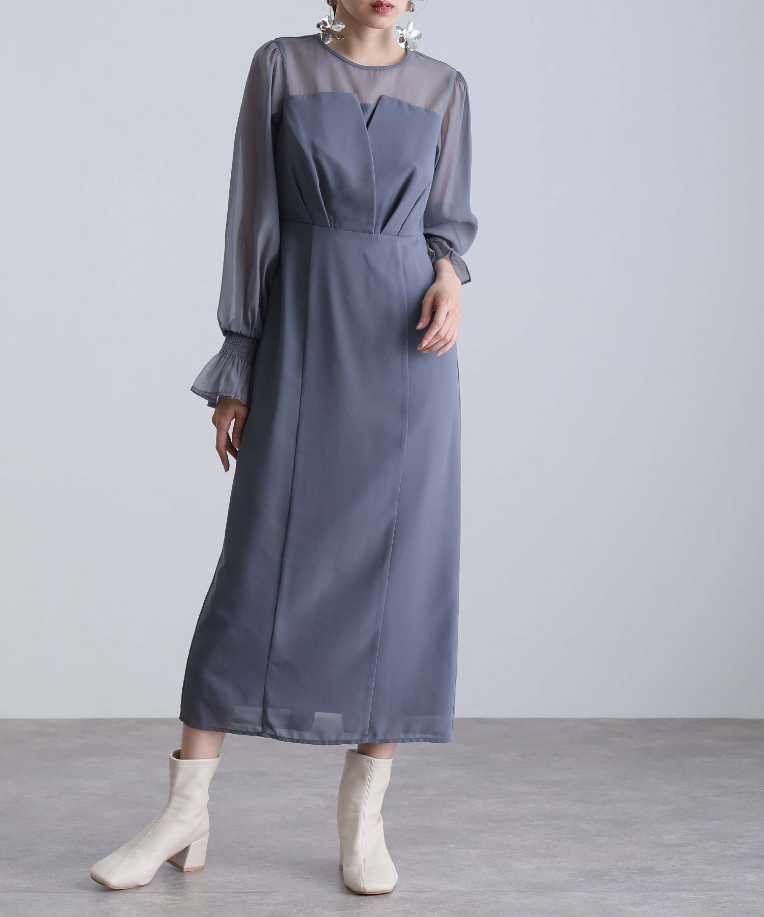 プールヴー PourVous 結婚式パーティードレスビスチェミモレ丈&袖ありセレモニーフォーマル ワンピース 20代 30代 40代 (ダークカーキ) ダークカーキ