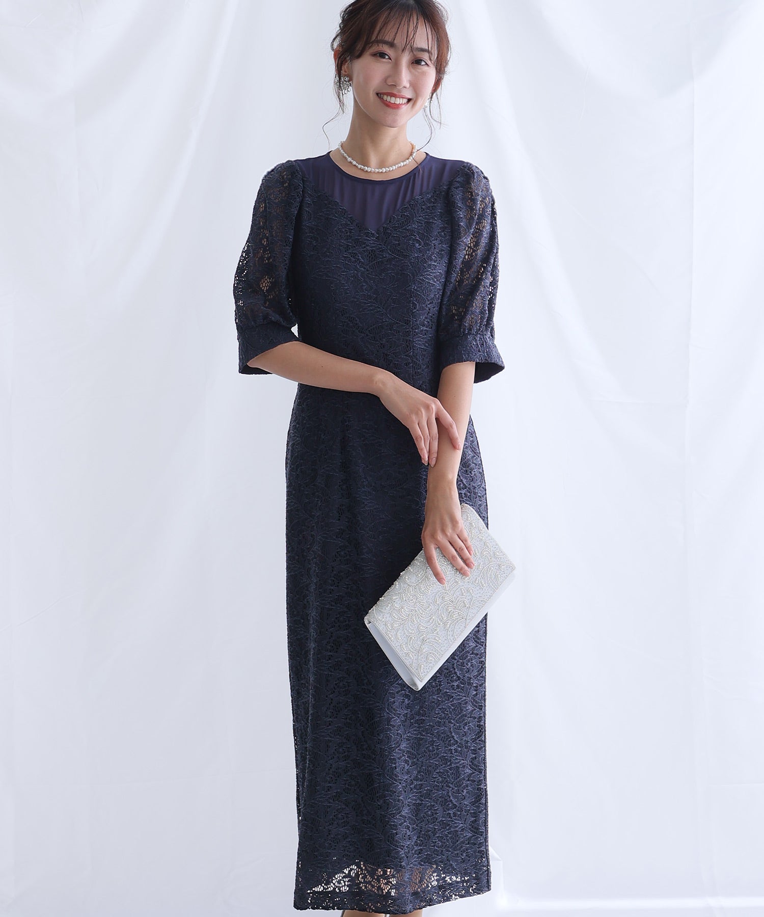 PourVous 3/4 Sleeve & Mid-Length Party Dress I-Line Formal Wedding Dress for Women in their 20s, 30s and 40s