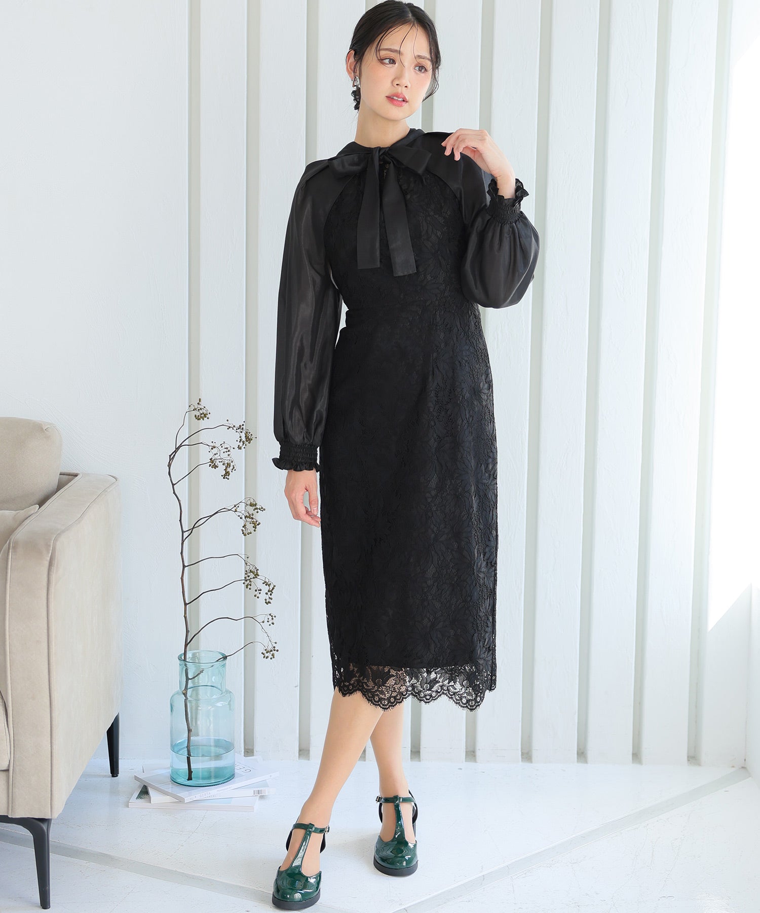 PourVous Long Party Dress with Sleeves, Ribbon Bolero, Wedding Formal