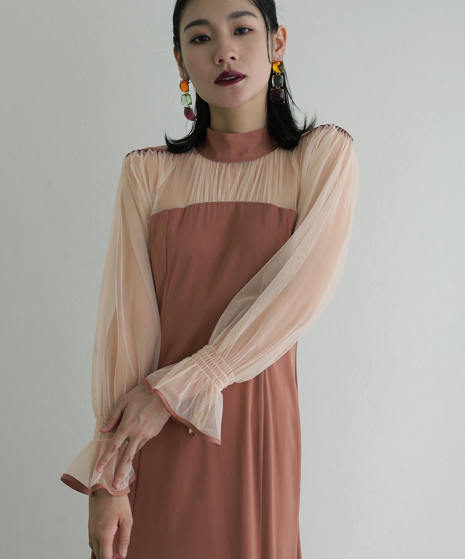 プールヴー PourVous 袖あり&ロングパーティードレスチュールお呼ばれ結婚式フォーマル ワンピース 20代 30代 40代 (オレンジ) オレンジ