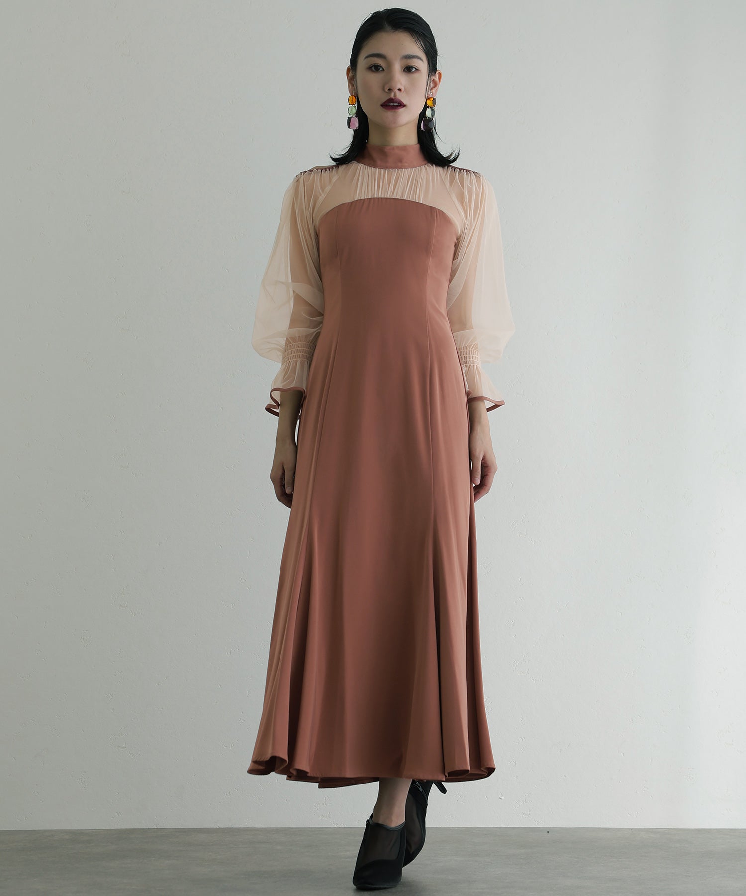 プールヴー PourVous 袖あり&ロングパーティードレスチュールお呼ばれ結婚式フォーマル ワンピース 20代 30代 40代 (オレンジ) オレンジ