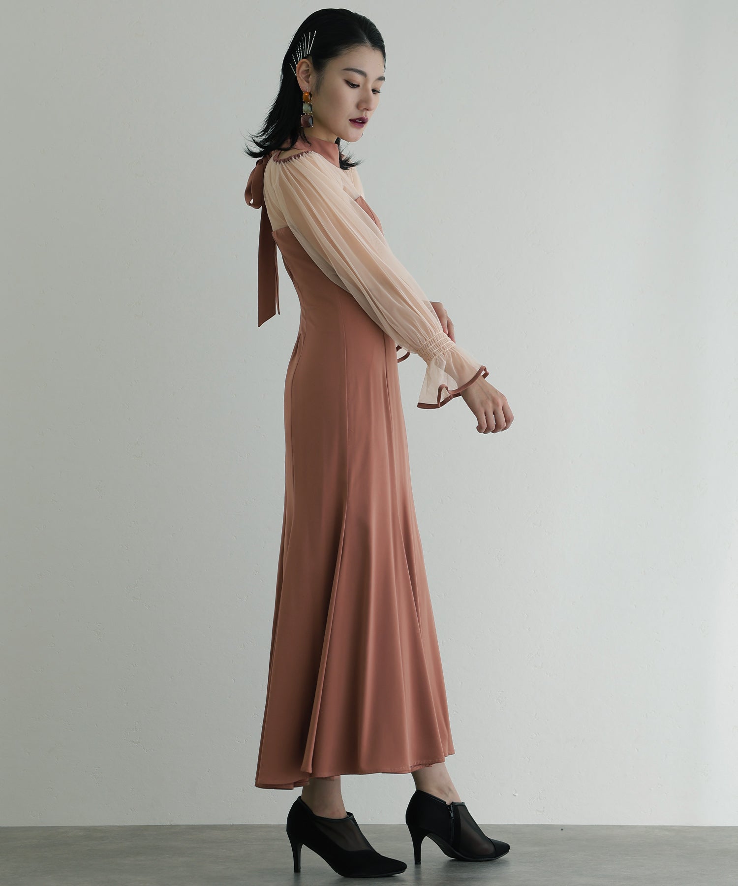 プールヴー PourVous 袖あり&ロングパーティードレスチュールお呼ばれ結婚式フォーマル ワンピース 20代 30代 40代 (オレンジ) オレンジ