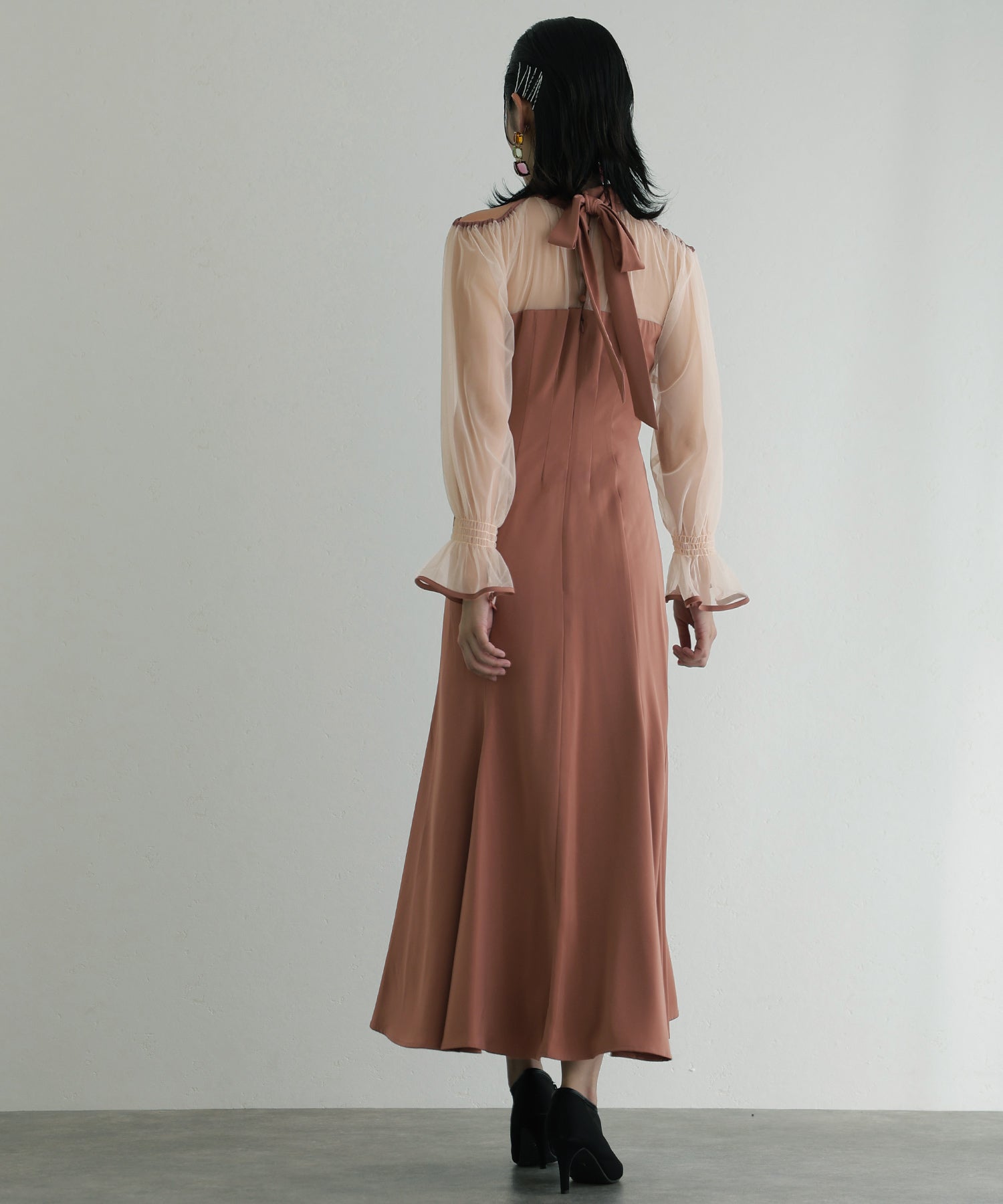 プールヴー PourVous 袖あり&ロングパーティードレスチュールお呼ばれ結婚式フォーマル ワンピース 20代 30代 40代 (オレンジ) オレンジ