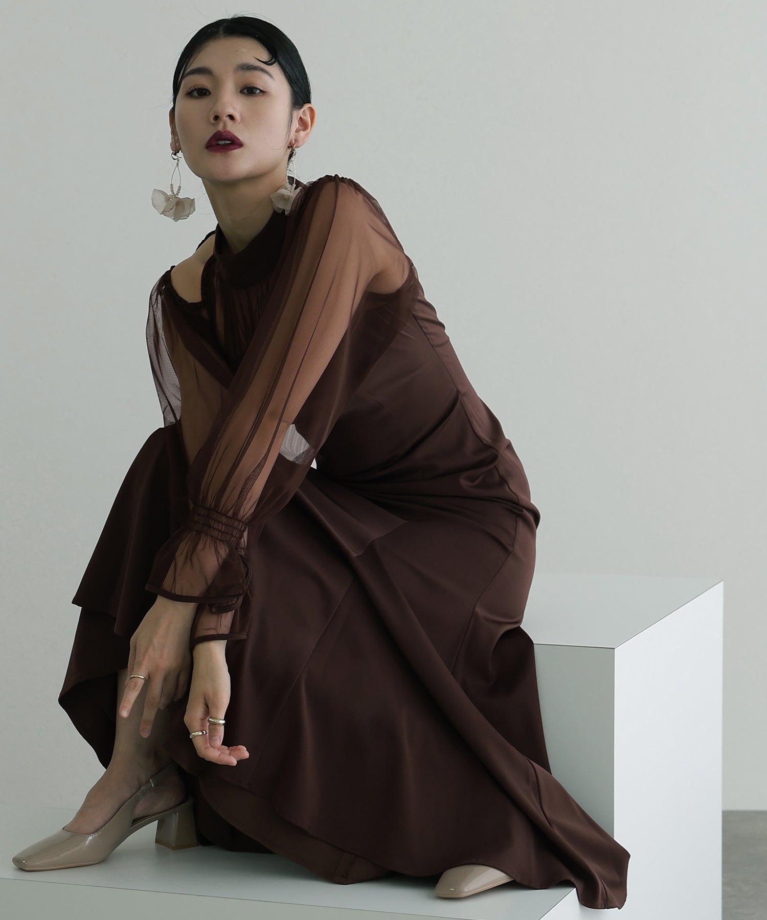 プールヴー PourVous 袖あり&ロングパーティードレスチュールお呼ばれ結婚式フォーマル ワンピース 20代 30代 40代 (ブラウン) ブラウン